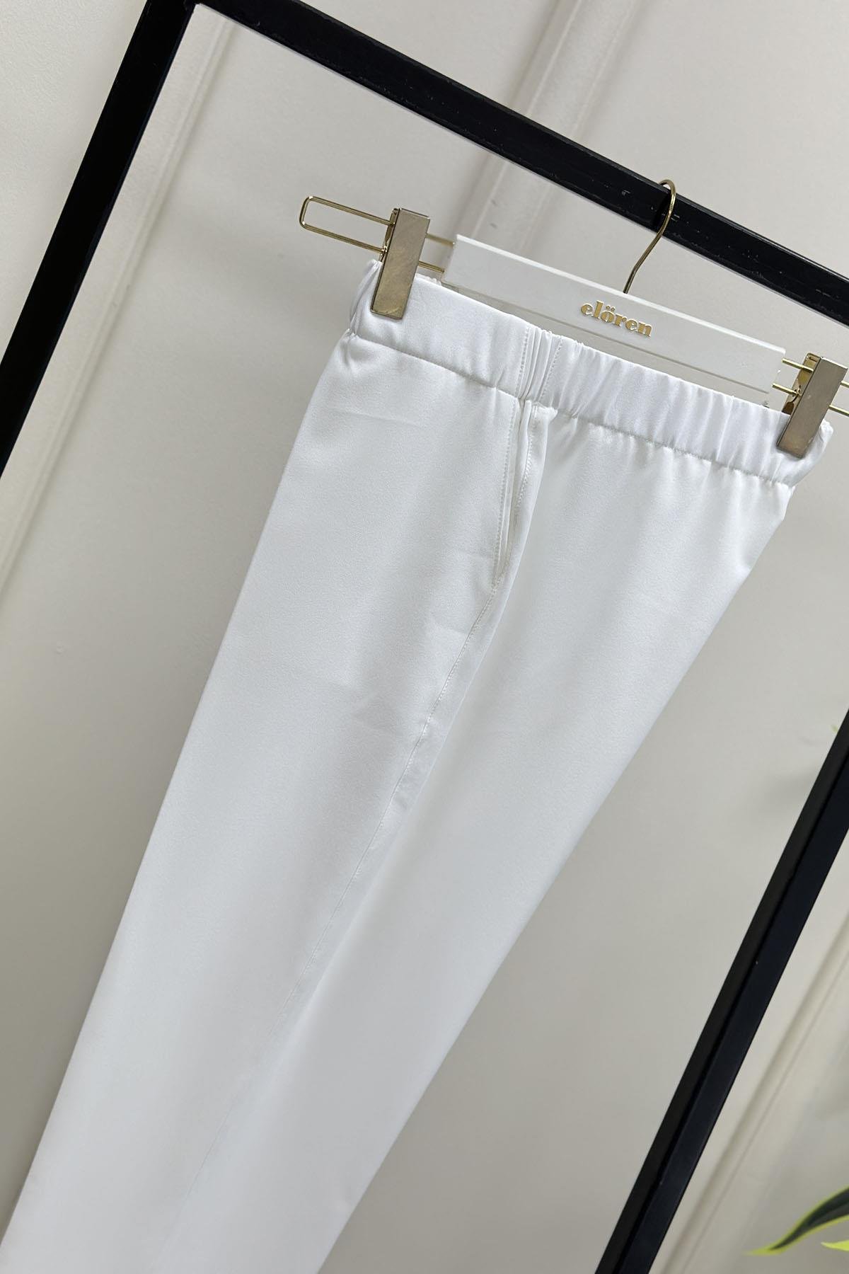 Tesettür PantolonEsmira Beli Lastikli Cepli Dar Paça Kadın Pantolon Beyaz ESM 1302