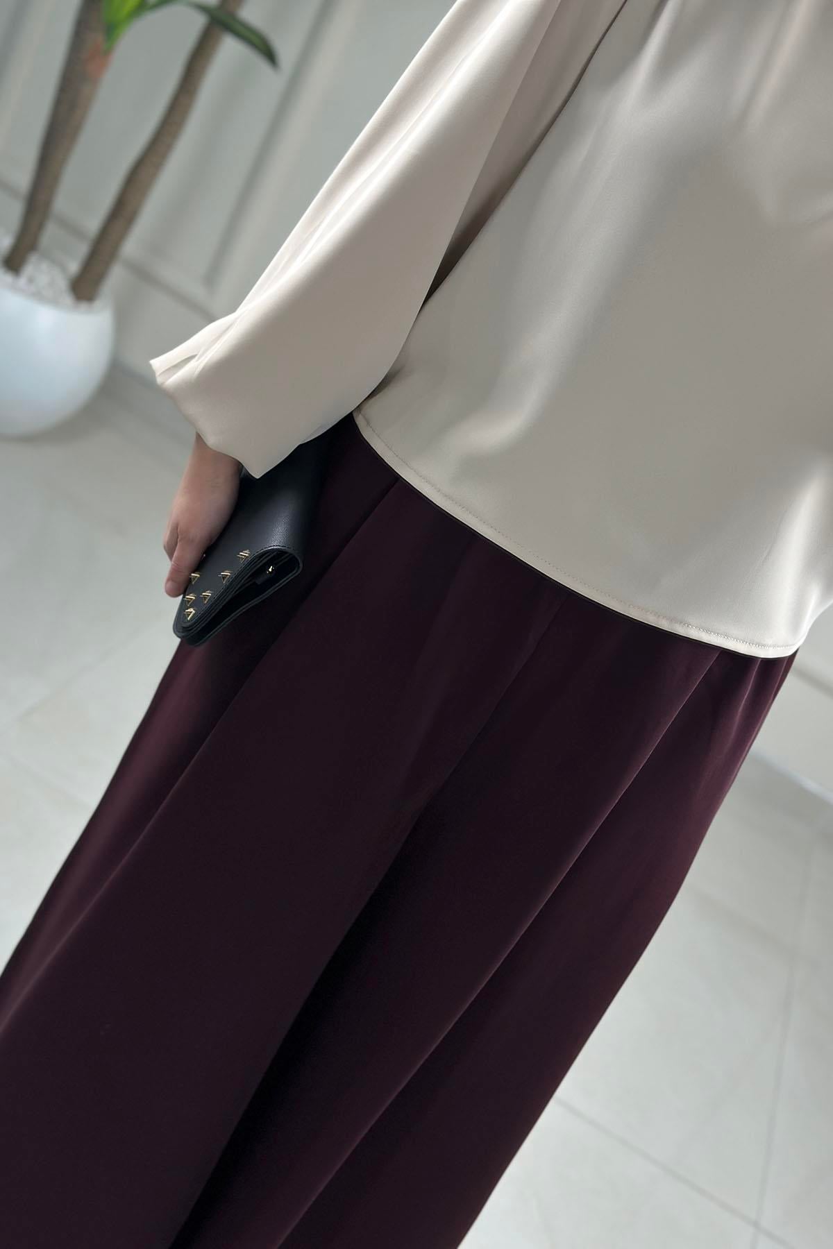 Tesettür PantolonKrep Beli Lastikli Cepli Kadın Etek Pantolon Mürdüm ESİO 5009