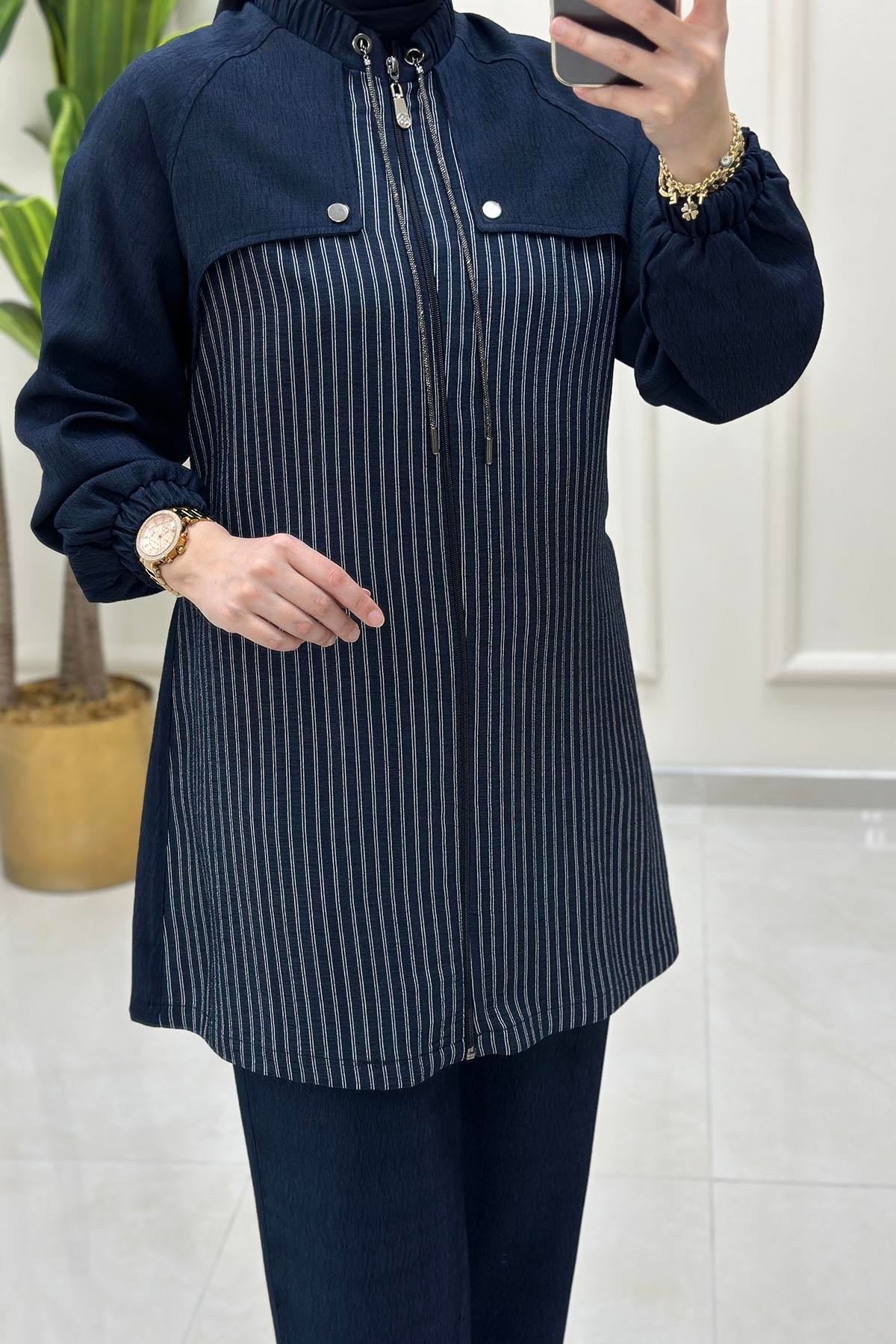Tesettür Pantolonlu Takım Önü Fermuarlı Beli Kemerli Ceket ve Pantolon Kadın İkili Takım Lacivert BRL 7062