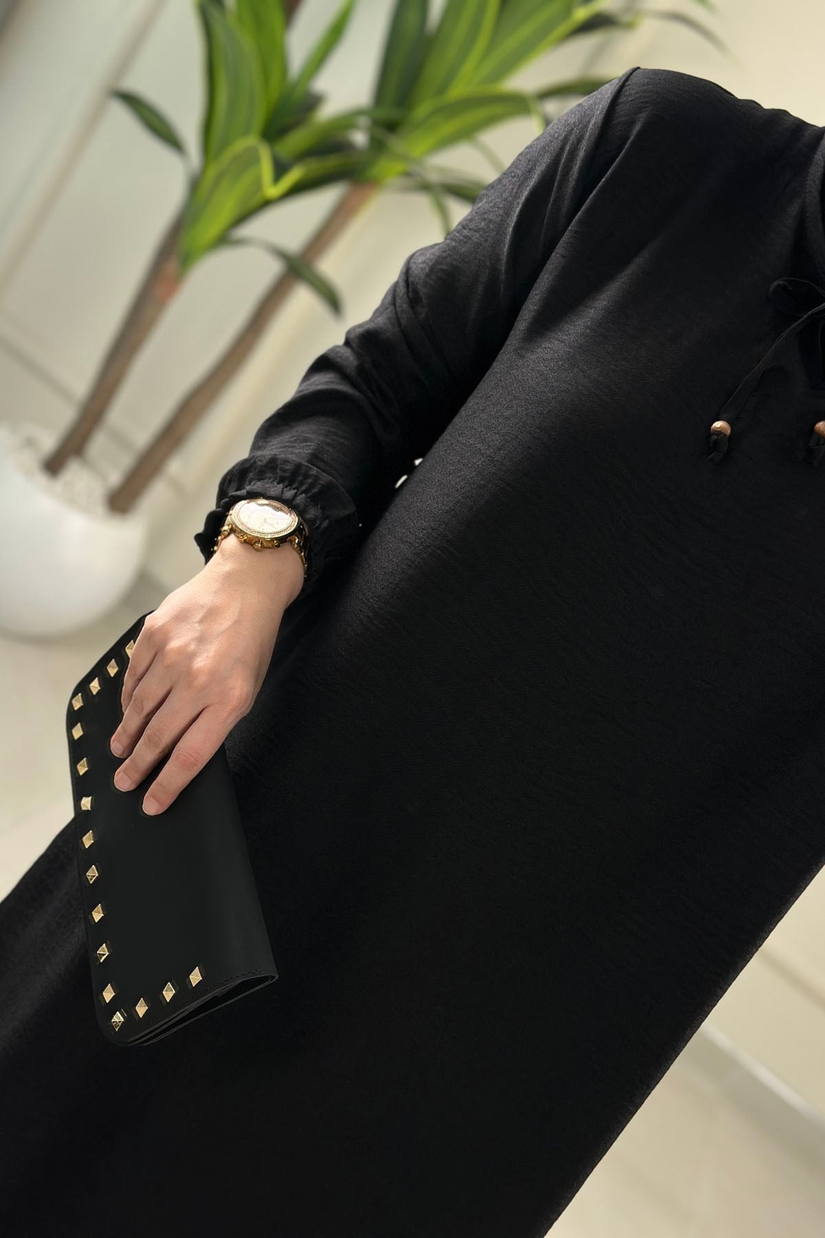Tesettür Pantolonlu Takım Yaka İp Detaylı Kolu Büzgülü Tunik ve Pantolon Kadın İkili Takım Siyah KADO 263466