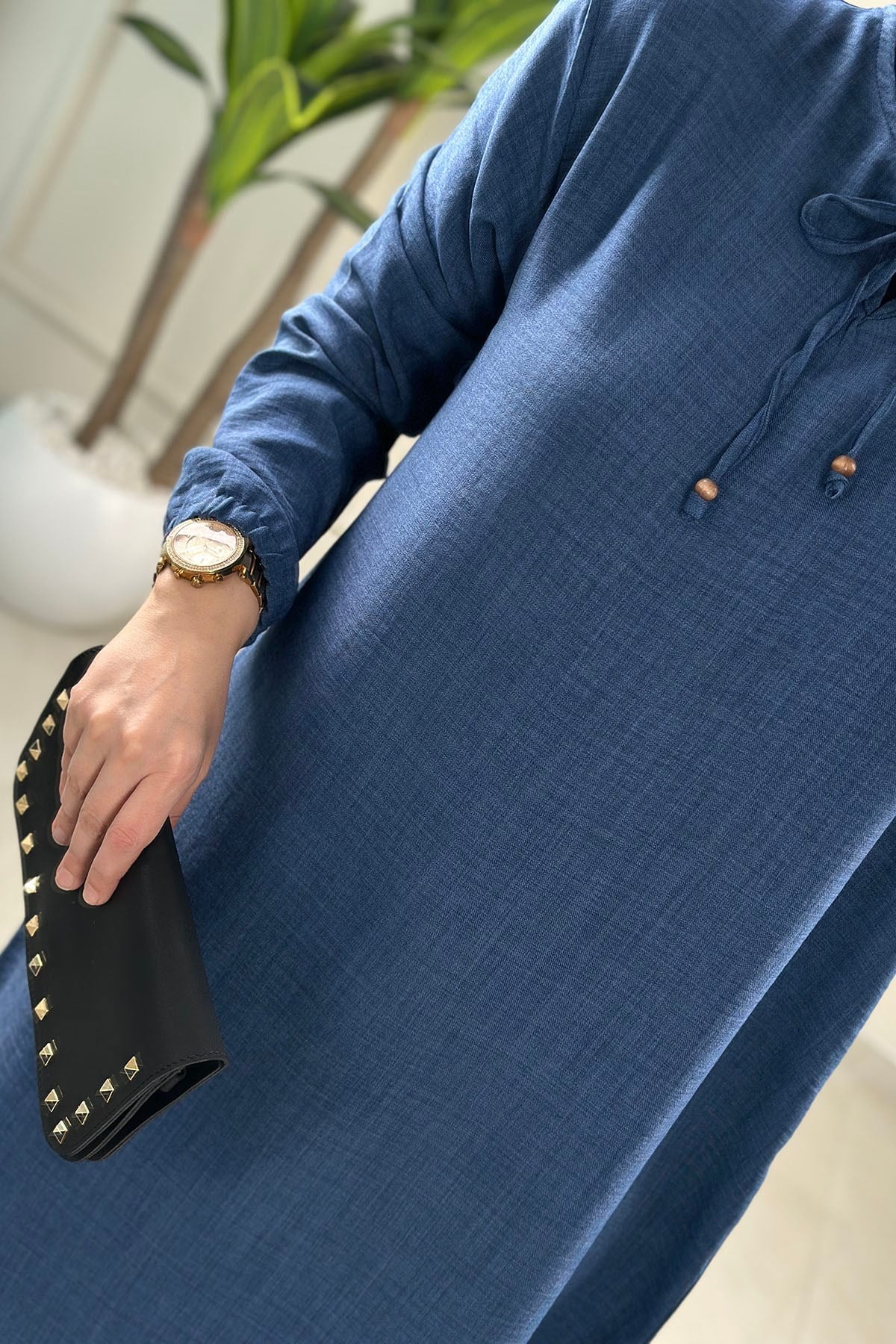 Tesettür Pantolonlu Takım Yaka İp Detaylı Kolu Büzgülü Tunik ve Pantolon Kadın İkili Takım İndigo KADO 263466