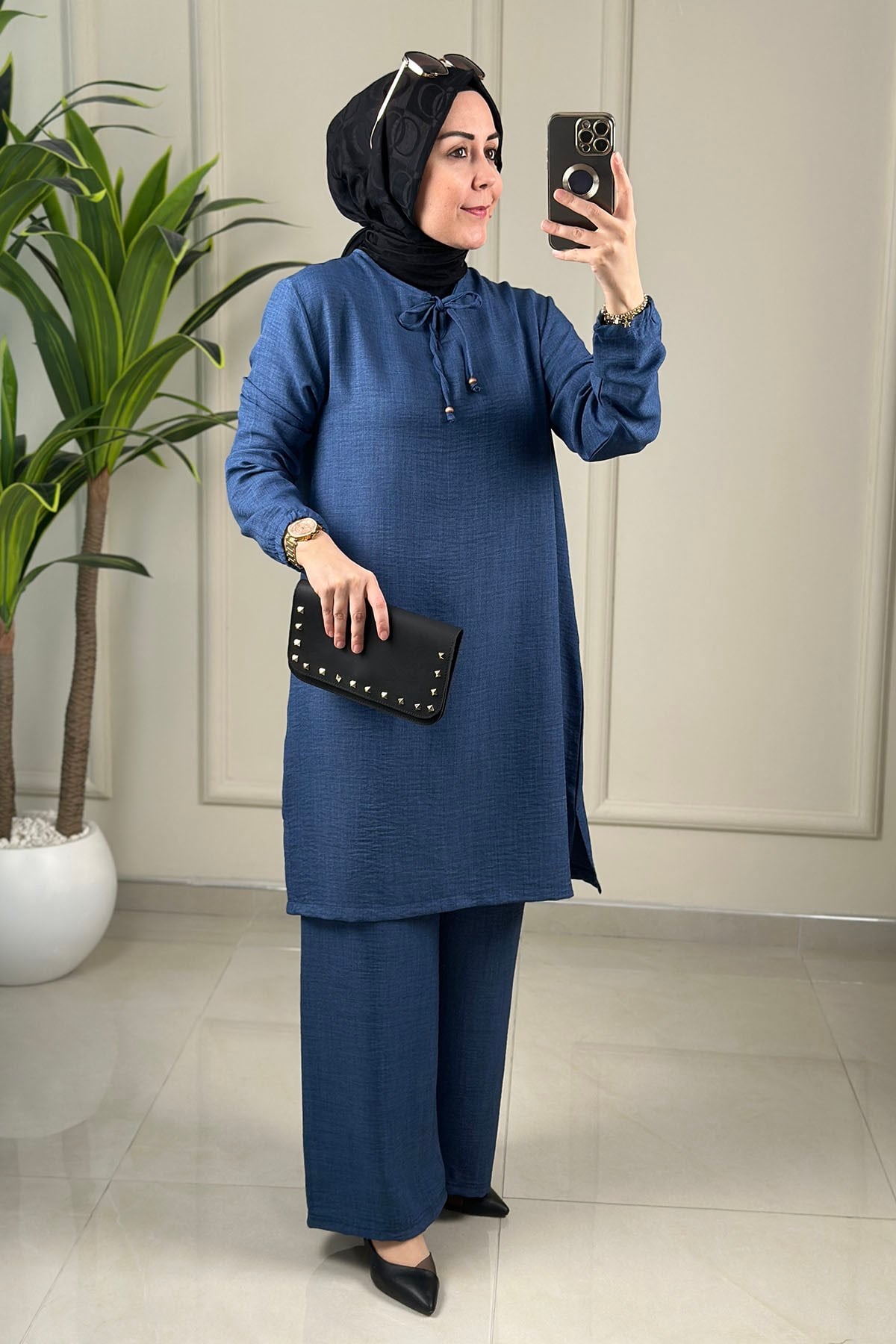 Tesettür Pantolonlu Takım Yaka İp Detaylı Kolu Büzgülü Tunik ve Pantolon Kadın İkili Takım İndigo KADO 263466