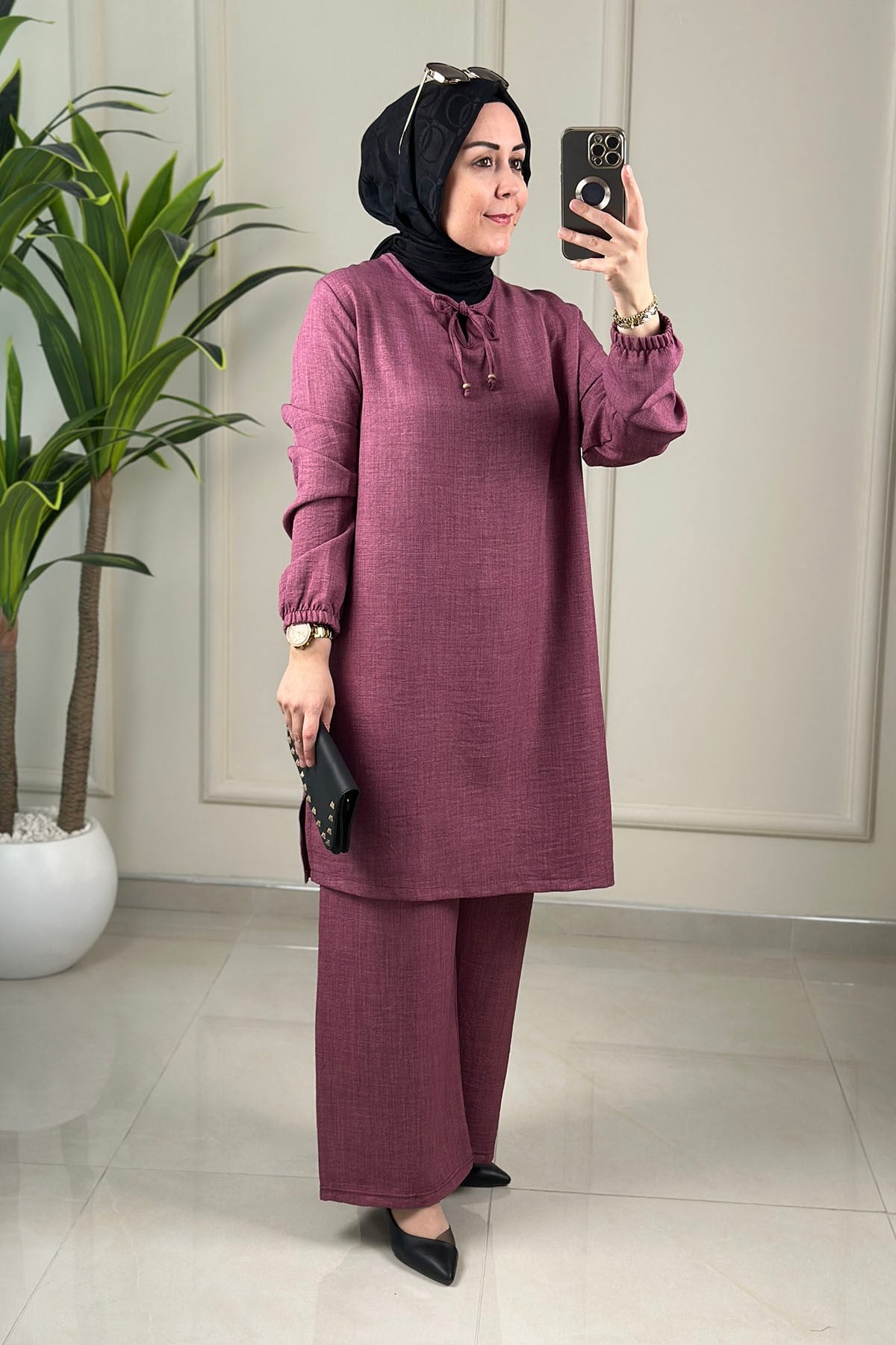 Tesettür Pantolonlu Takım Yaka İp Detaylı Kolu Büzgülü Tunik ve Pantolon Kadın İkili Takım Gül Kurusu KADO 263466