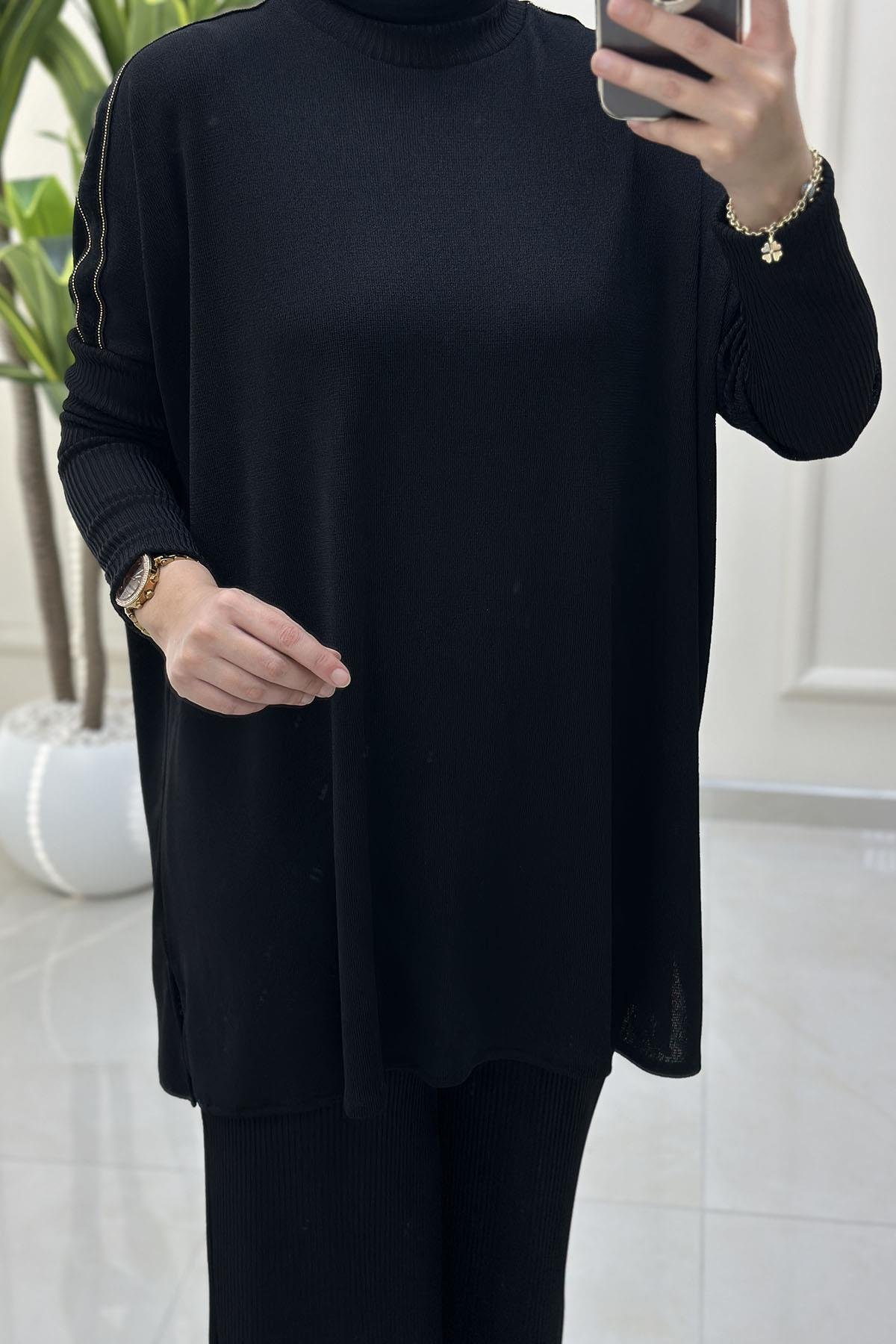Tesettür Pantolonlu TakımArmine Trend Kolu Kadife Şerit Detaylı Tunik ve Pantolon Kadın İkili Takım Siyah ARM 622