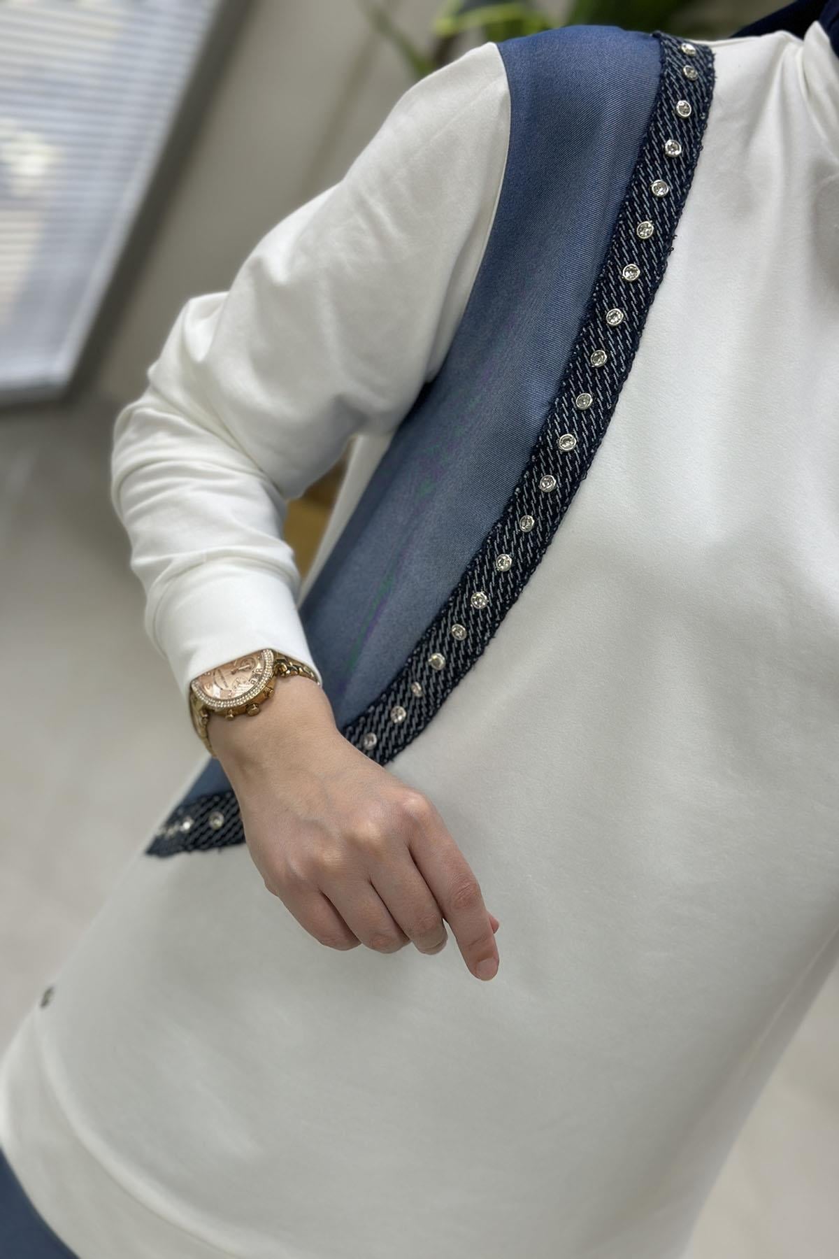 Tesettür Pantolonlu TakımArmine Trend Tensel Garnili Tunik ve Tensel Pantolon Kadın İkili Takım Mavi ARM 687