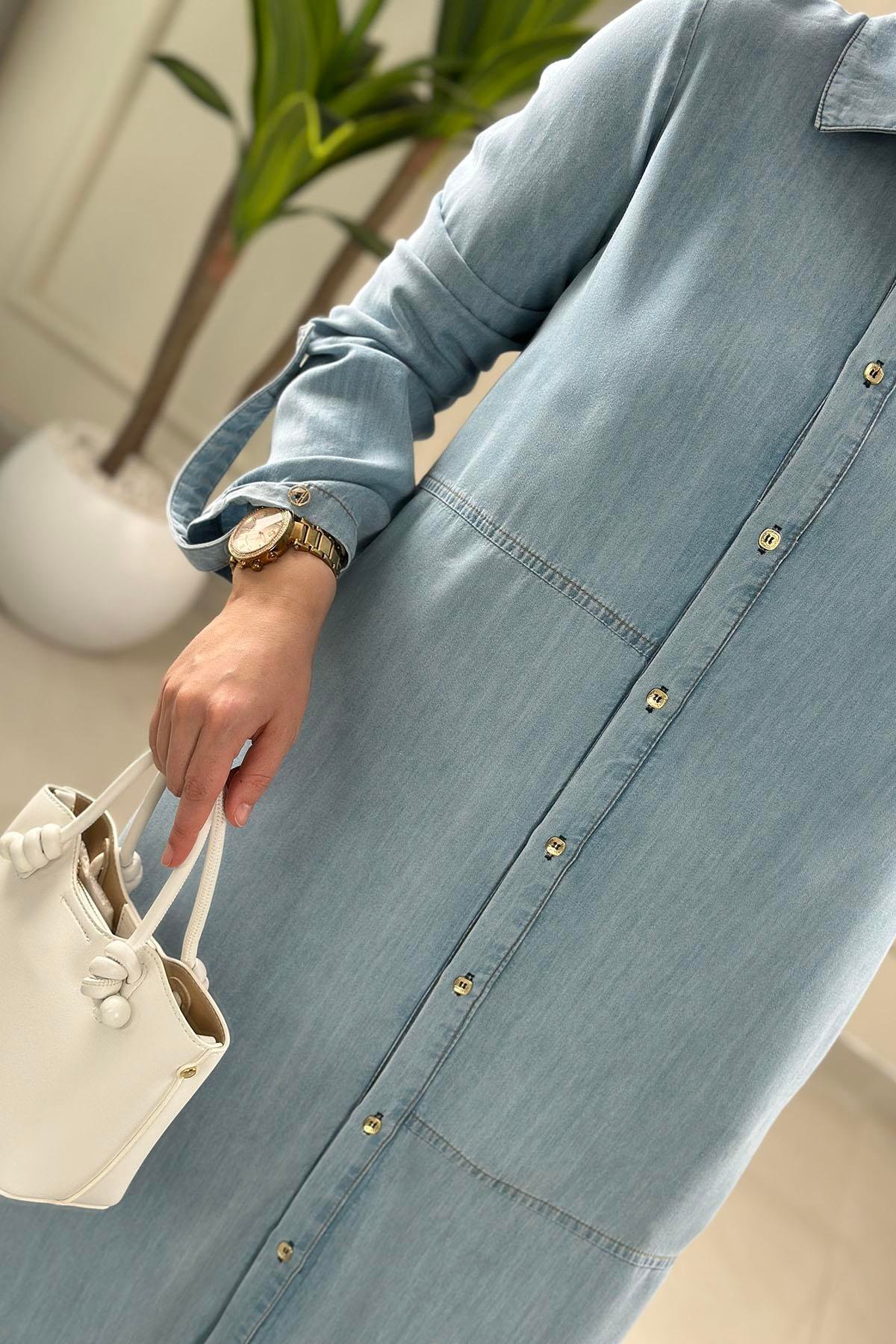 Tesettür Pantolonlu TakımArmine Trend Tensel Tunik ve Pantolon Kadın İkili Takım Mavi ARM 6121