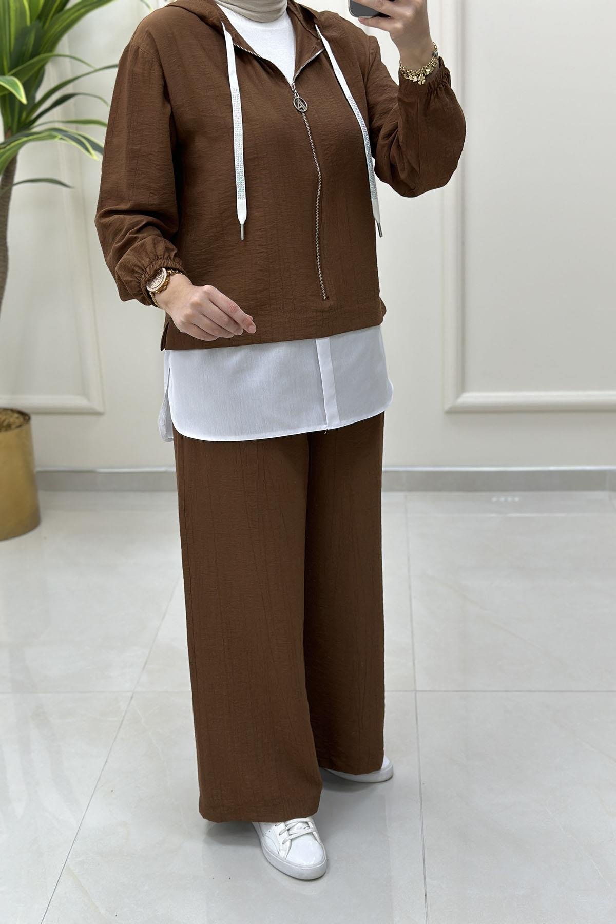 Tesettür Pantolonlu TakımArmine Trend Altı Gömlek Görünümlü Tunik ve Pantolon Kadın İkili Takım Kahverengi ARM 697