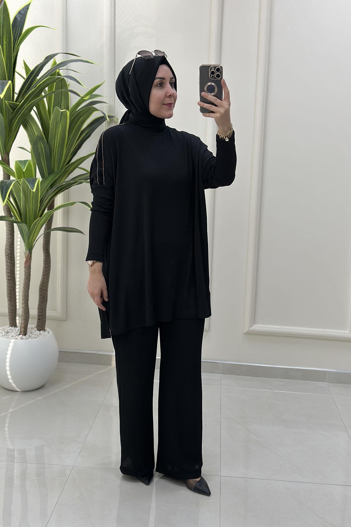 Tesettür Pantolonlu TakımArmine Trend Kolu Kadife Şerit Detaylı Tunik ve Pantolon Kadın İkili Takım Siyah ARM 622