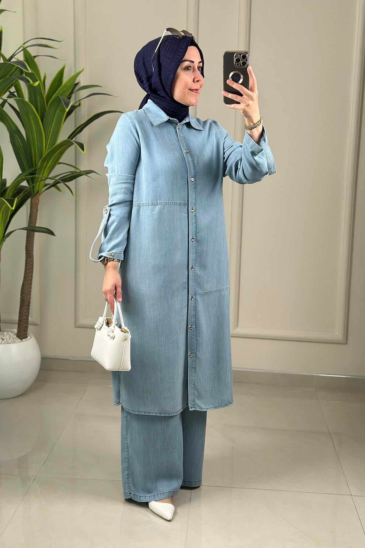 Tesettür Pantolonlu TakımArmine Trend Tensel Tunik ve Pantolon Kadın İkili Takım Mavi ARM 6121