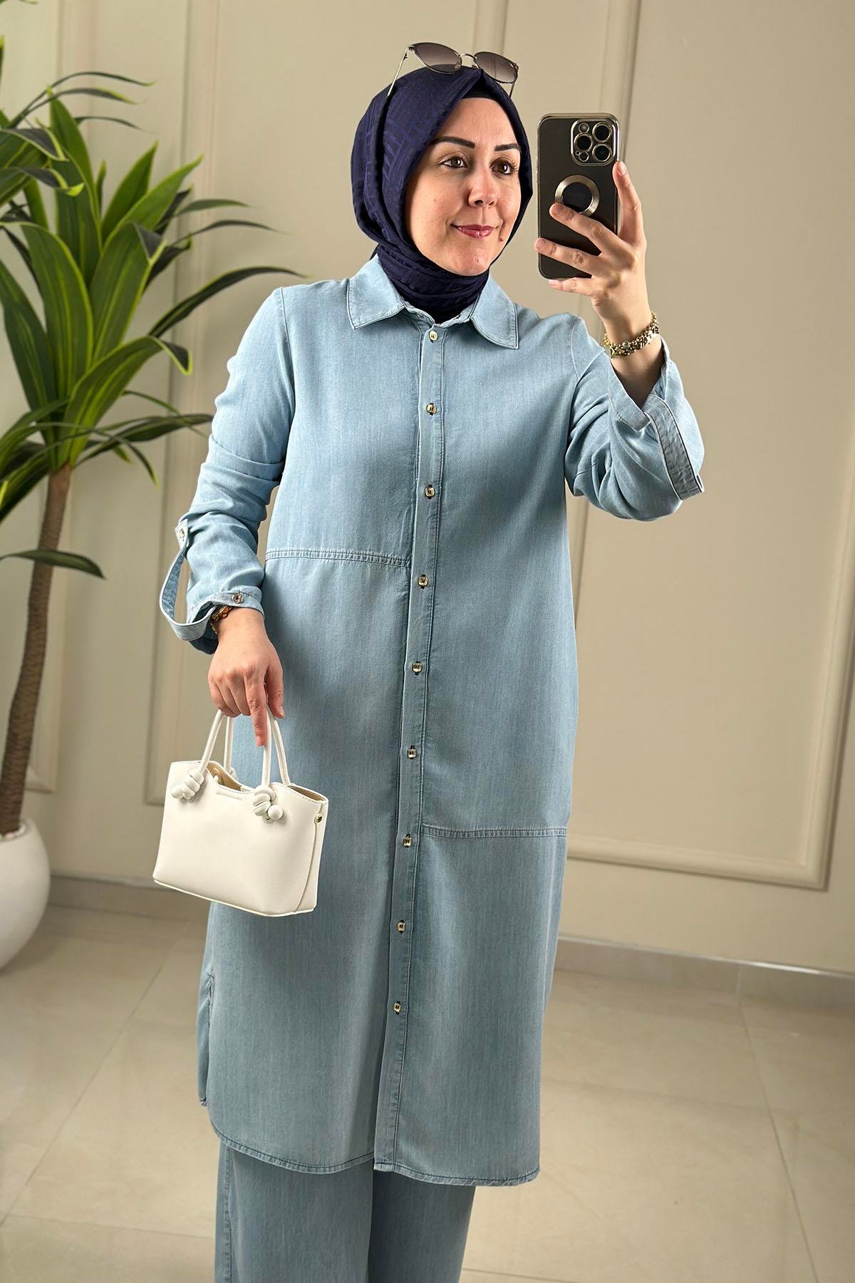 Tesettür Pantolonlu TakımArmine Trend Tensel Tunik ve Pantolon Kadın İkili Takım Mavi ARM 6121