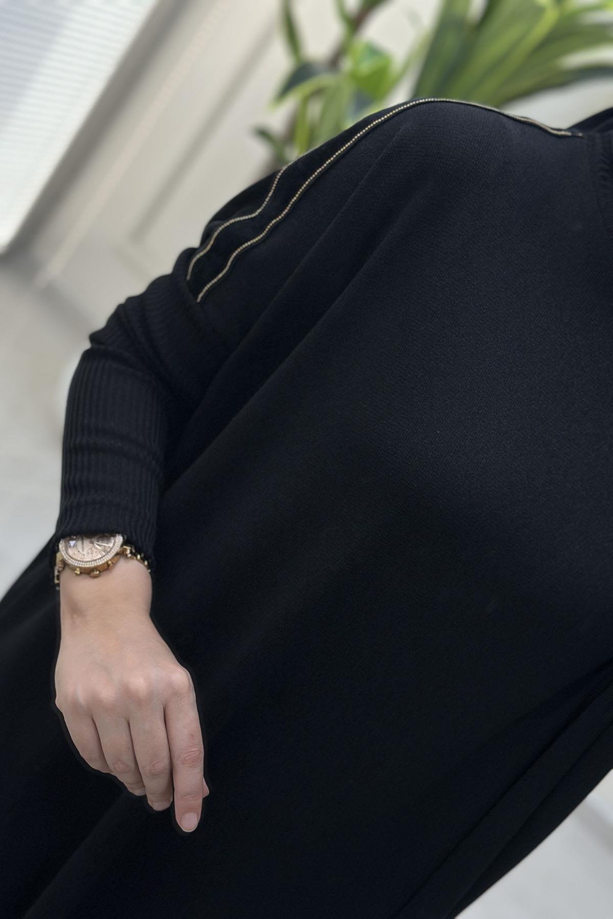 Tesettür Pantolonlu TakımArmine Trend Kolu Kadife Şerit Detaylı Tunik ve Pantolon Kadın İkili Takım Siyah ARM 622