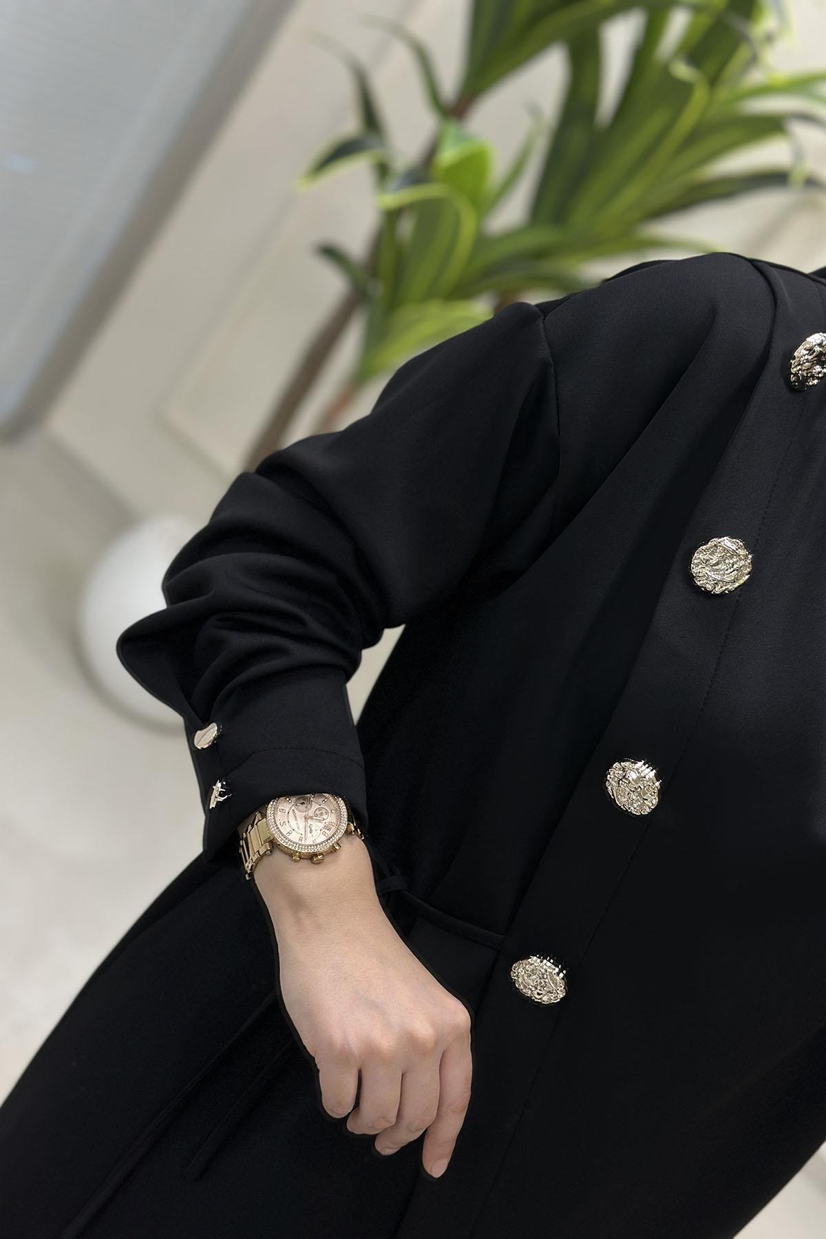 Tesettür Pantolonlu TakımBelli Verev Kesim Aksesuar Detaylı Tunik ve Pantolon Kadın İkili Takım Siyah BELLİ 008