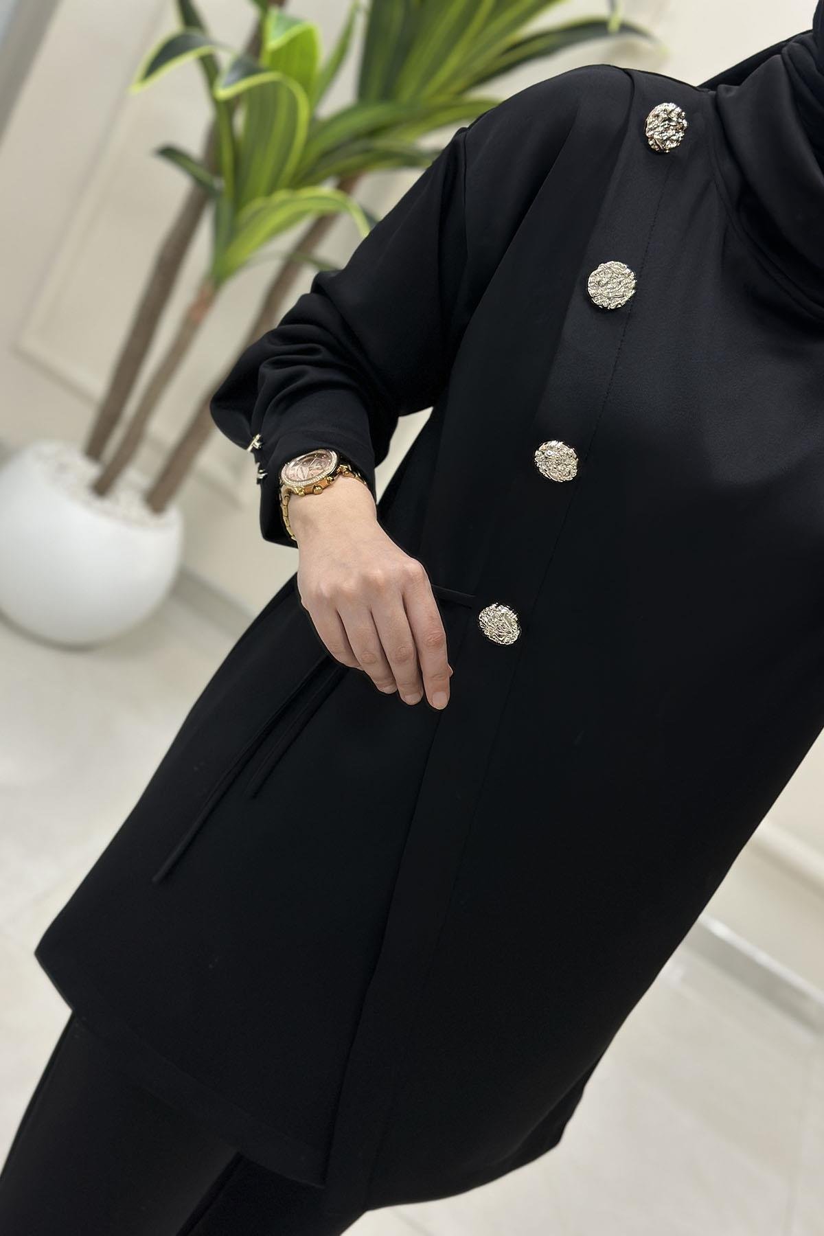 Tesettür Pantolonlu TakımBelli Verev Kesim Aksesuar Detaylı Tunik ve Pantolon Kadın İkili Takım Siyah BELLİ 008