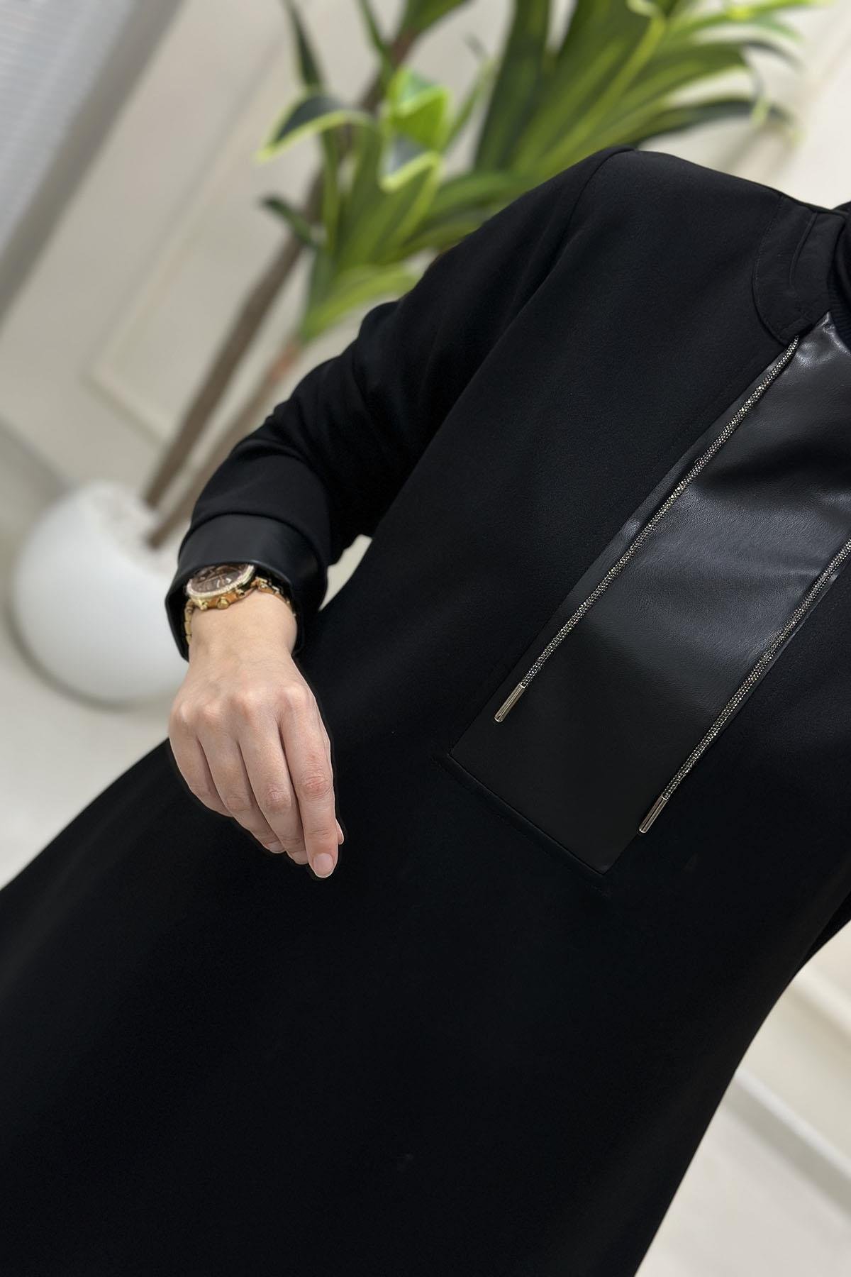 Tesettür Pantolonlu TakımDeri Kombinli Yaka Taş İpli Tunik ve Pantolon Kadın İkili Takım Siyah CNR 2234