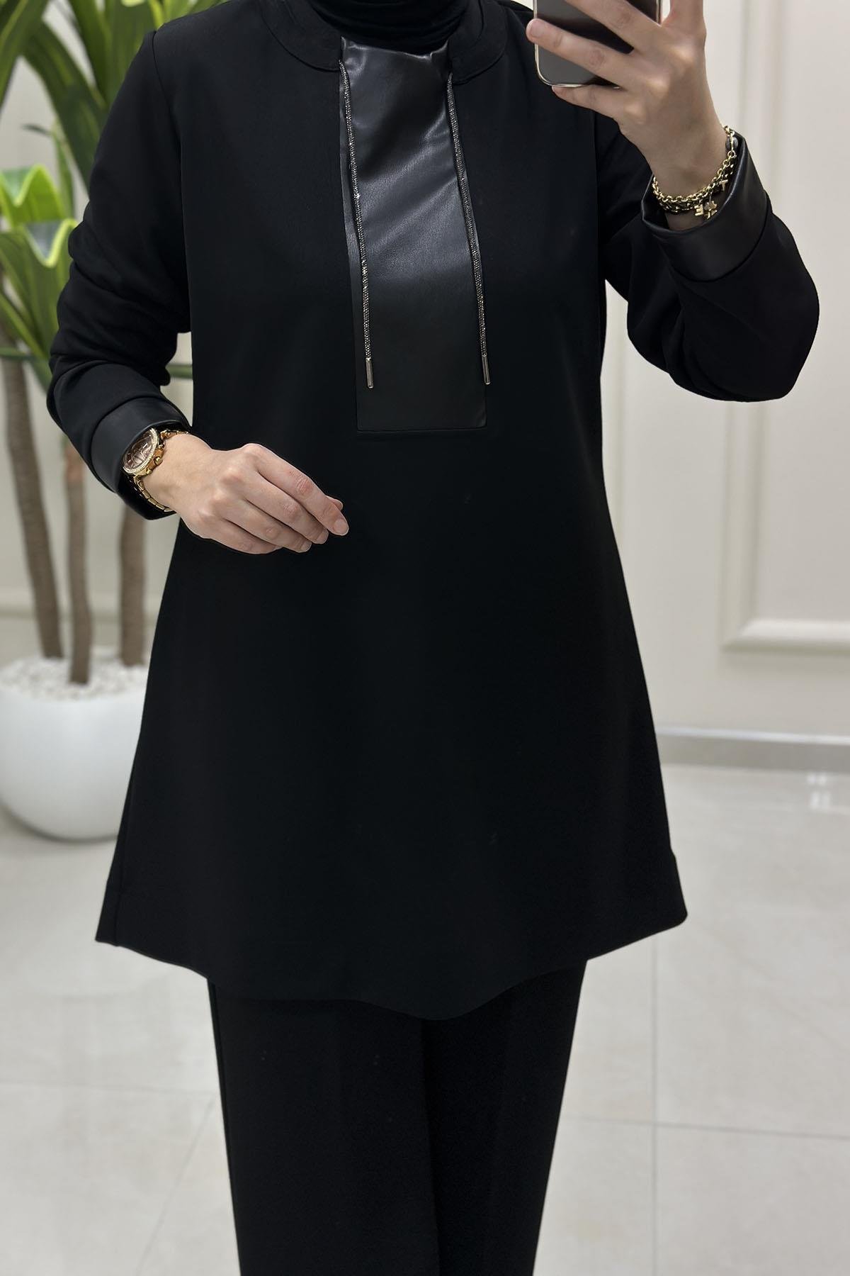Tesettür Pantolonlu TakımDeri Kombinli Yaka Taş İpli Tunik ve Pantolon Kadın İkili Takım Siyah CNR 2234