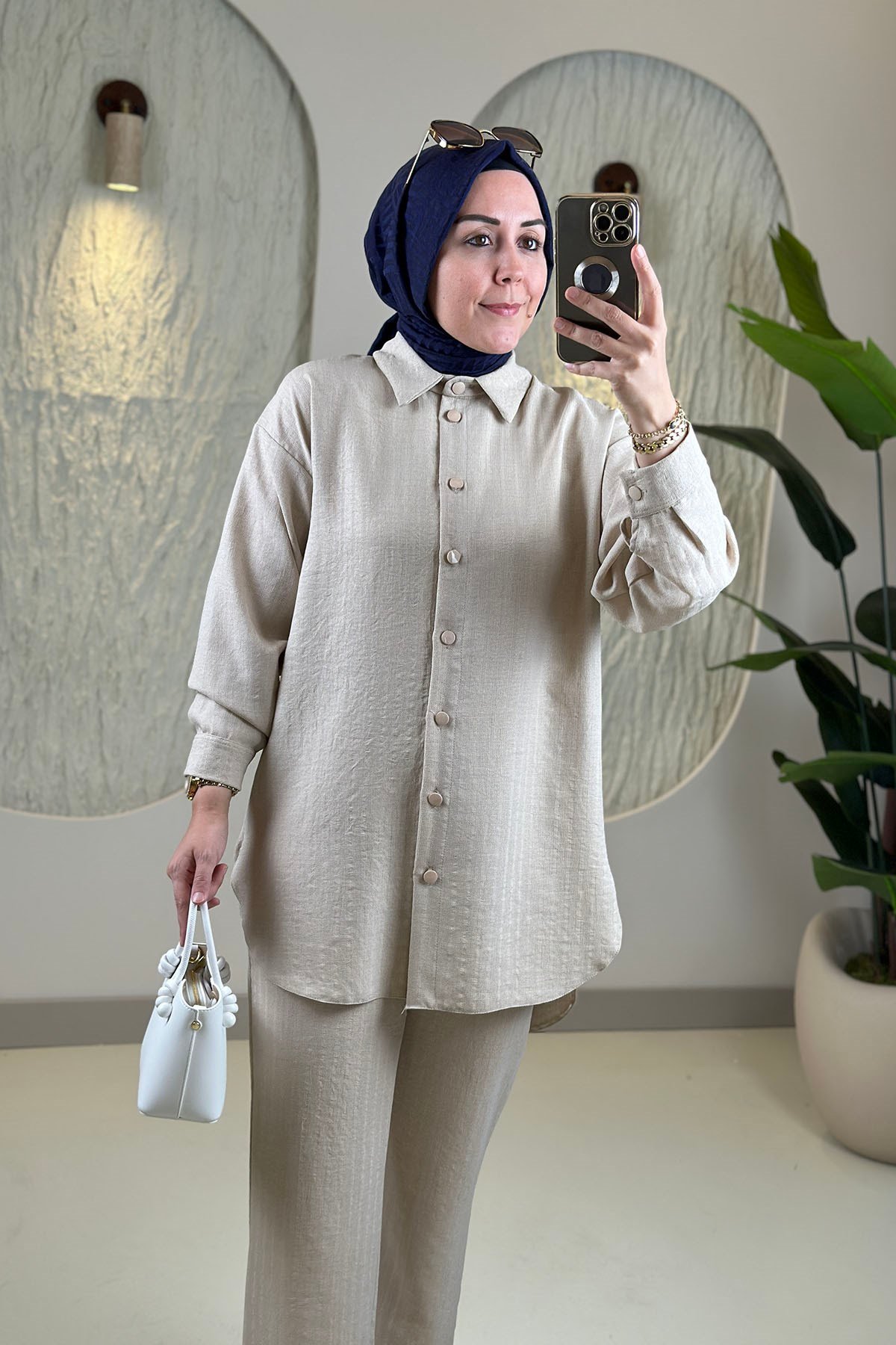 Tesettür Pantolonlu TakımDüşük Omuz Düğmeli Tunik ve Pantolon Kadın İkili Takım Taş GNR 259