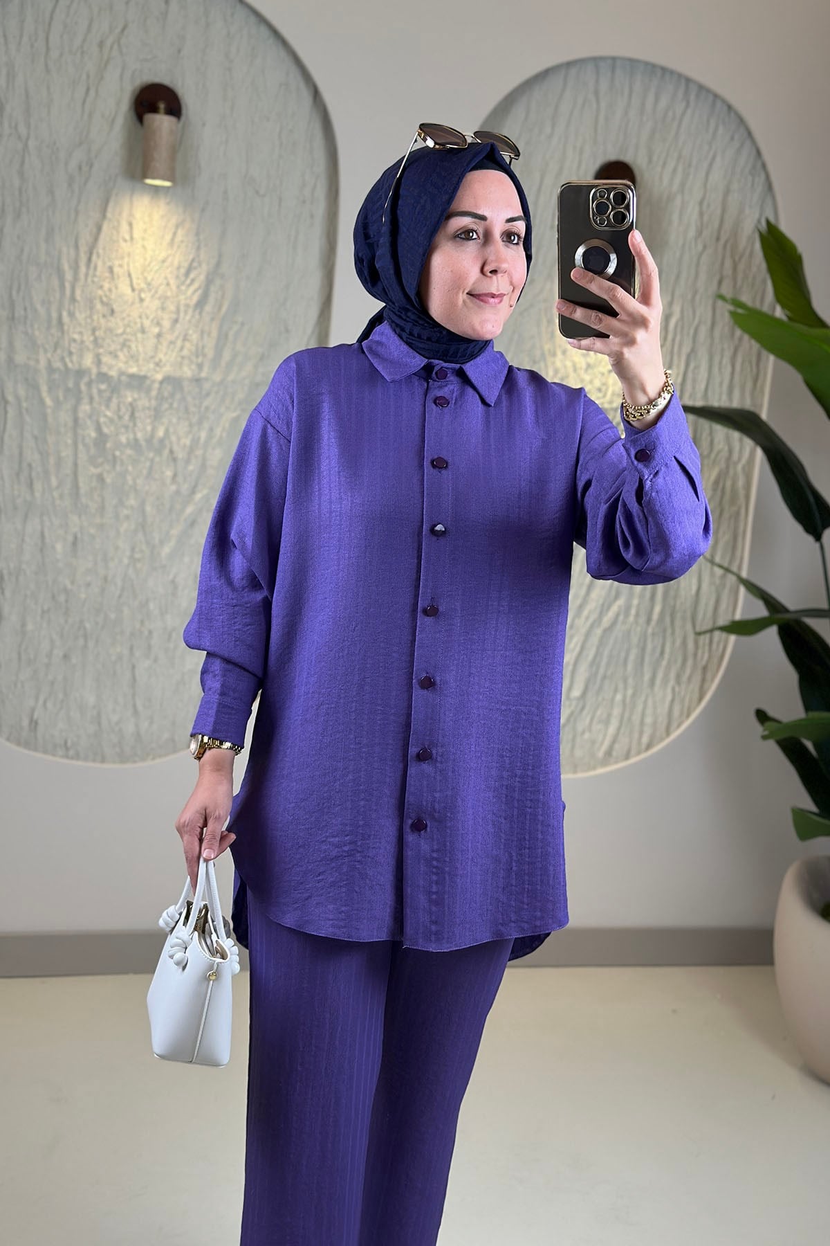 Tesettür Pantolonlu TakımDüşük Omuz Düğmeli Tunik ve Pantolon Kadın İkili Takım Mor GNR 259