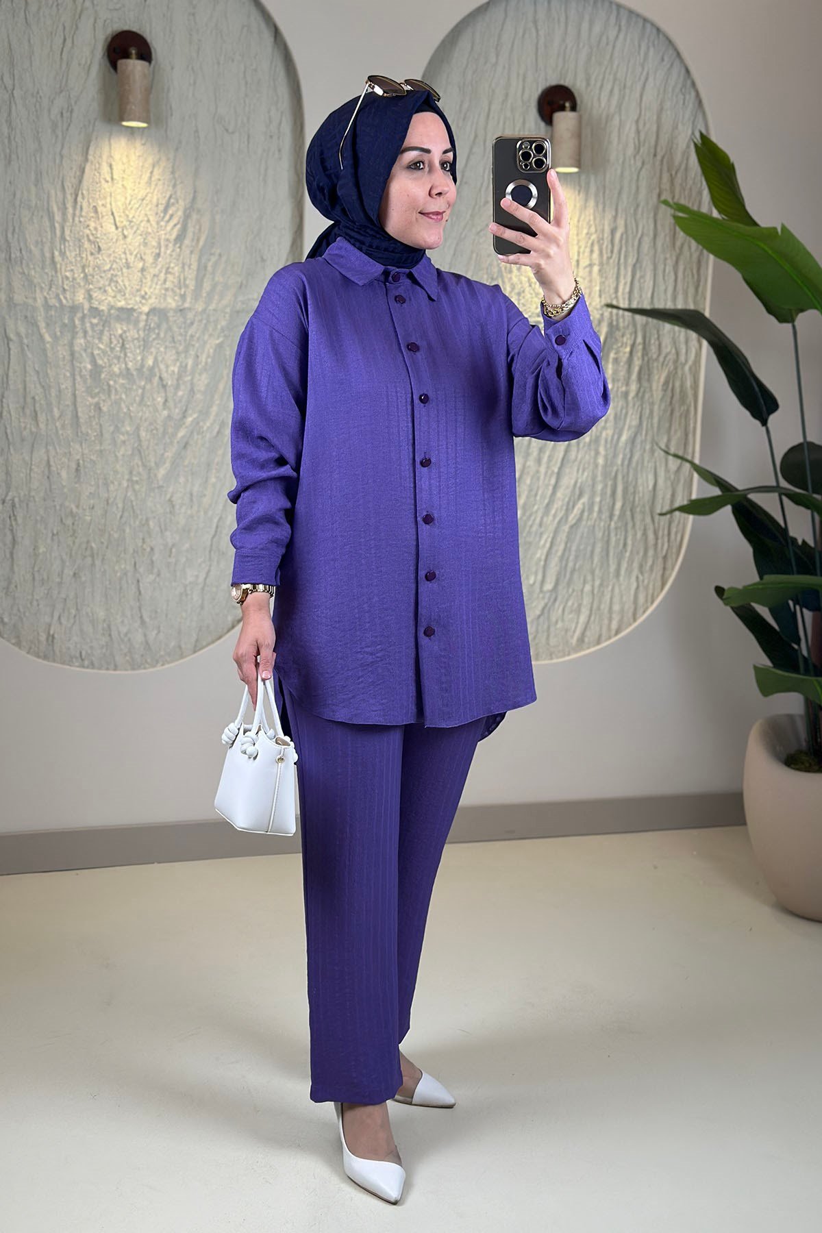 Tesettür Pantolonlu TakımDüşük Omuz Düğmeli Tunik ve Pantolon Kadın İkili Takım Mor GNR 259
