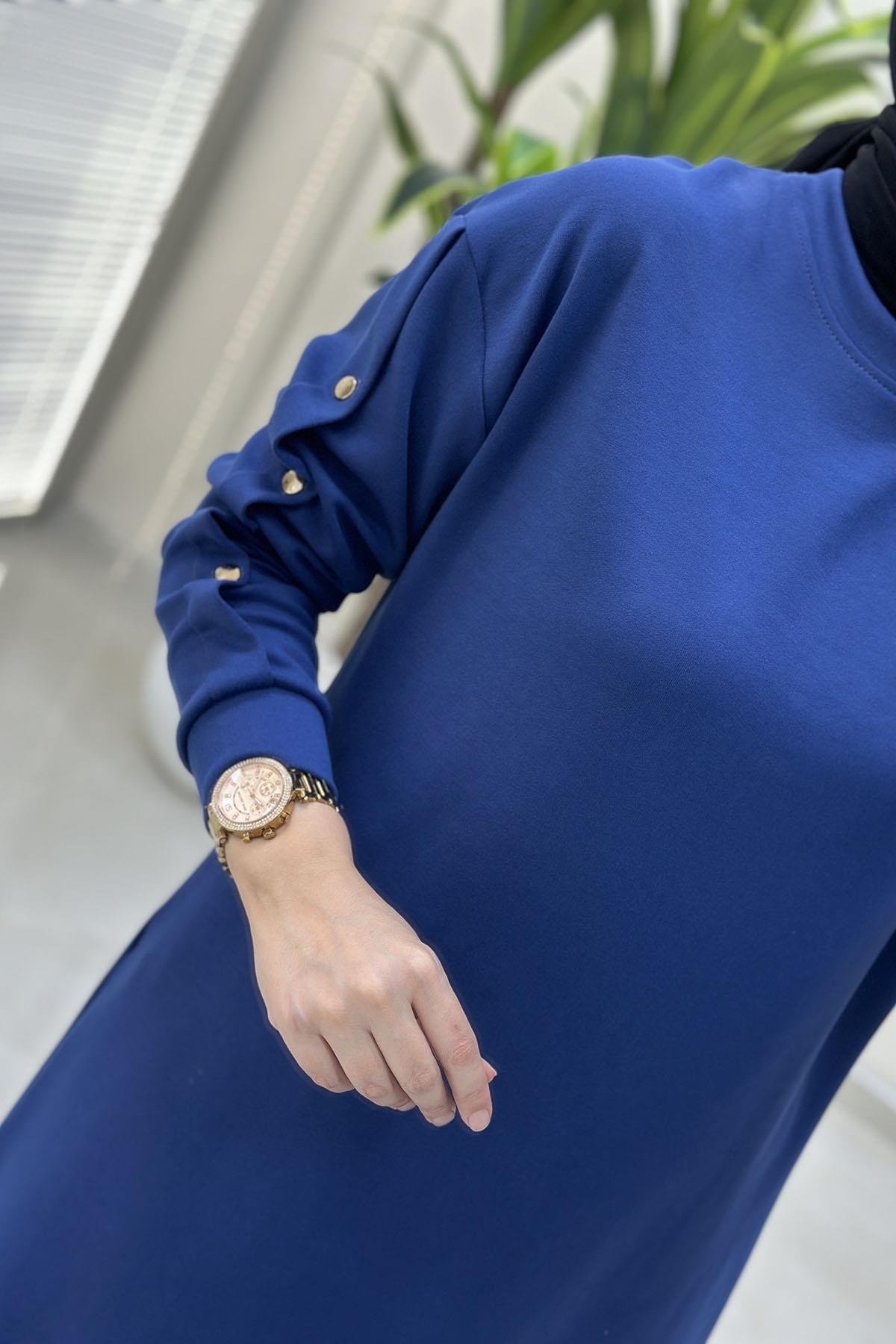 Tesettür Pantolonlu TakımDüşük Omuz Kol Zımba Detaylı Tunik ve Pantolon Kadın İkili Takım Koyu İndigo KADO 9662