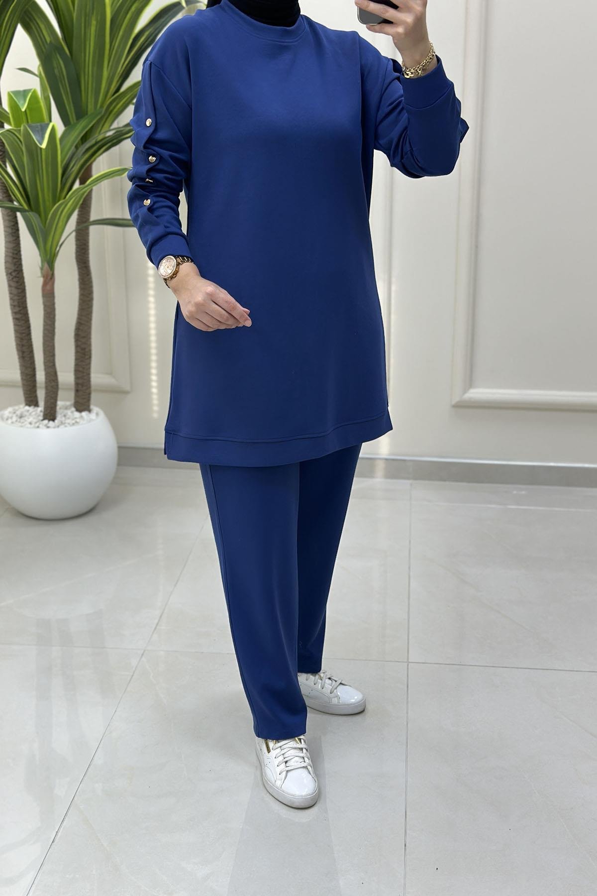 Tesettür Pantolonlu TakımDüşük Omuz Kol Zımba Detaylı Tunik ve Pantolon Kadın İkili Takım Koyu İndigo KADO 9662
