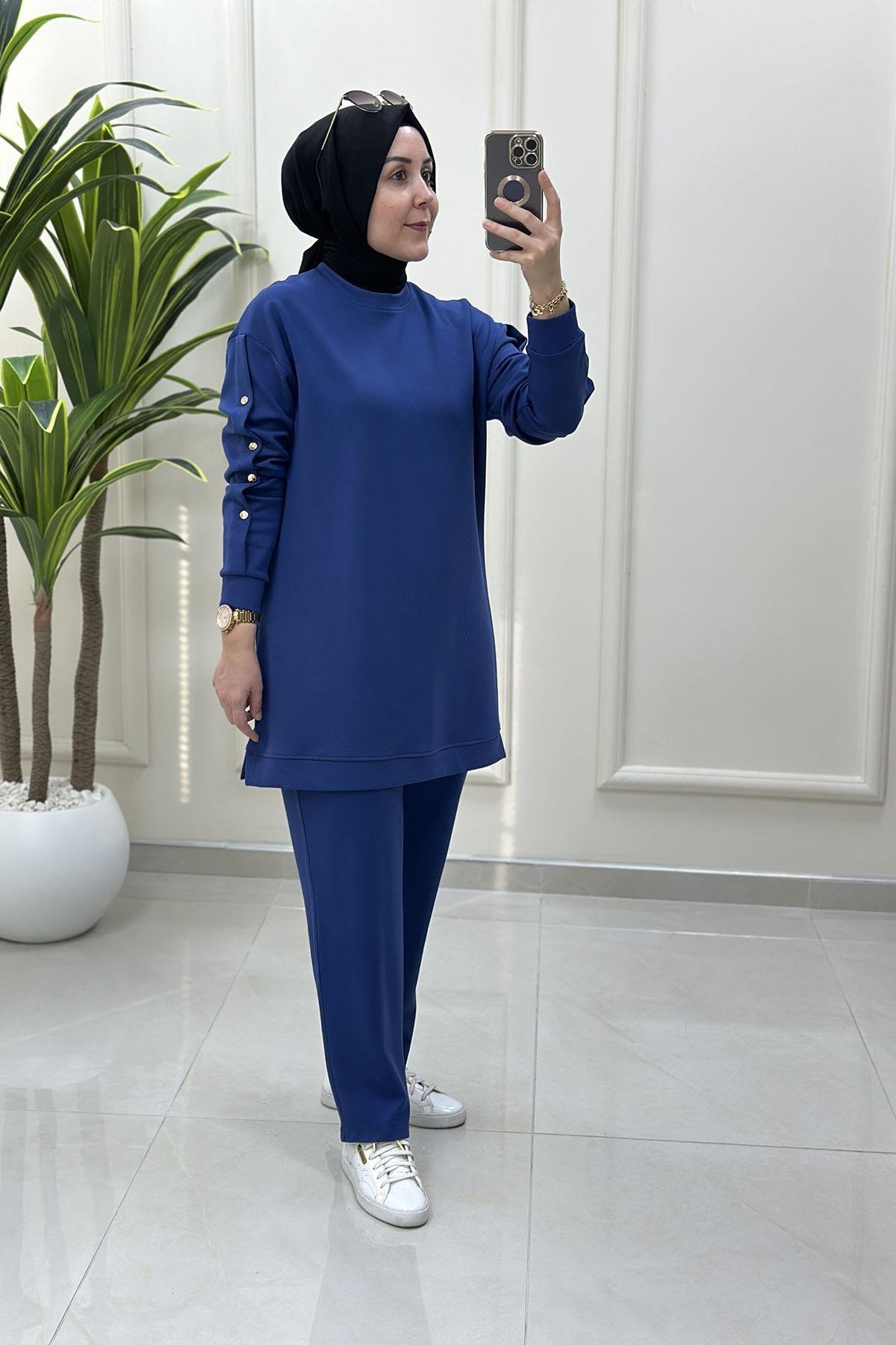 Tesettür Pantolonlu TakımDüşük Omuz Kol Zımba Detaylı Tunik ve Pantolon Kadın İkili Takım Koyu İndigo KADO 9662