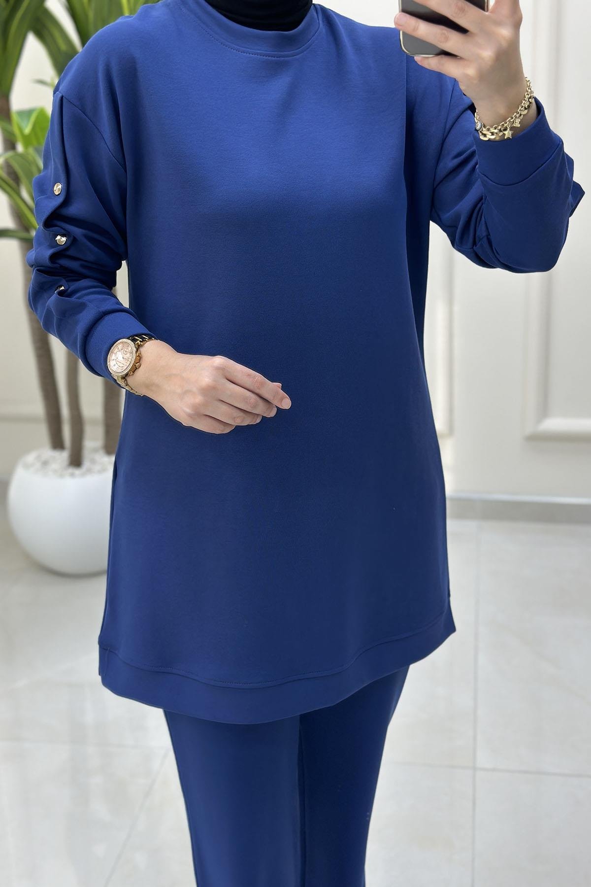 Tesettür Pantolonlu TakımDüşük Omuz Kol Zımba Detaylı Tunik ve Pantolon Kadın İkili Takım Koyu İndigo KADO 9662