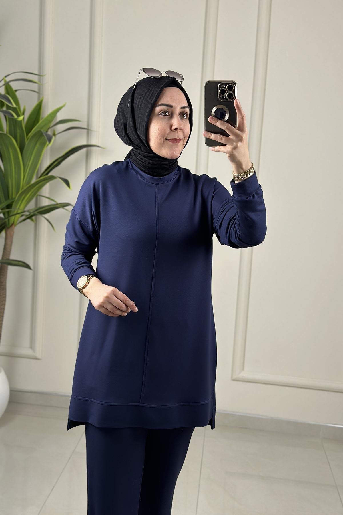 Tesettür Pantolonlu TakımDüşük Omuz Önü Dikiş Detaylı Tunik ve Pantolon Kadın İkili Takım Lacivert KADO 257316