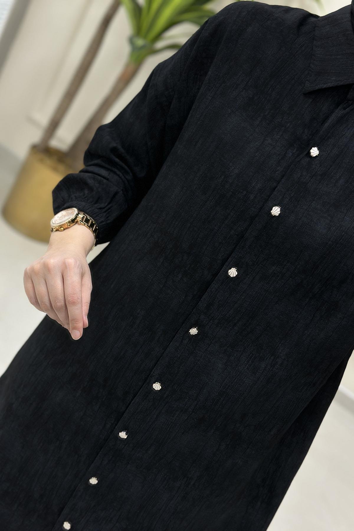 Tesettür Pantolonlu TakımDüşük Omuz Önü Düğmeli Tunik ve Pantolon Kadın İkili Takım Siyah KADO 251445