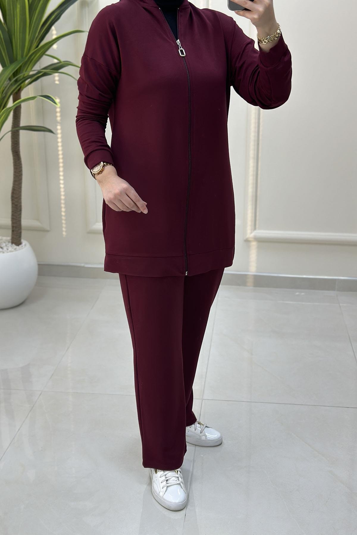 Tesettür Pantolonlu TakımDüşük Omuz Önü Fermuarlı Giyçık ve Pantolon Kadın İkili Takım Bordo KADO 257306