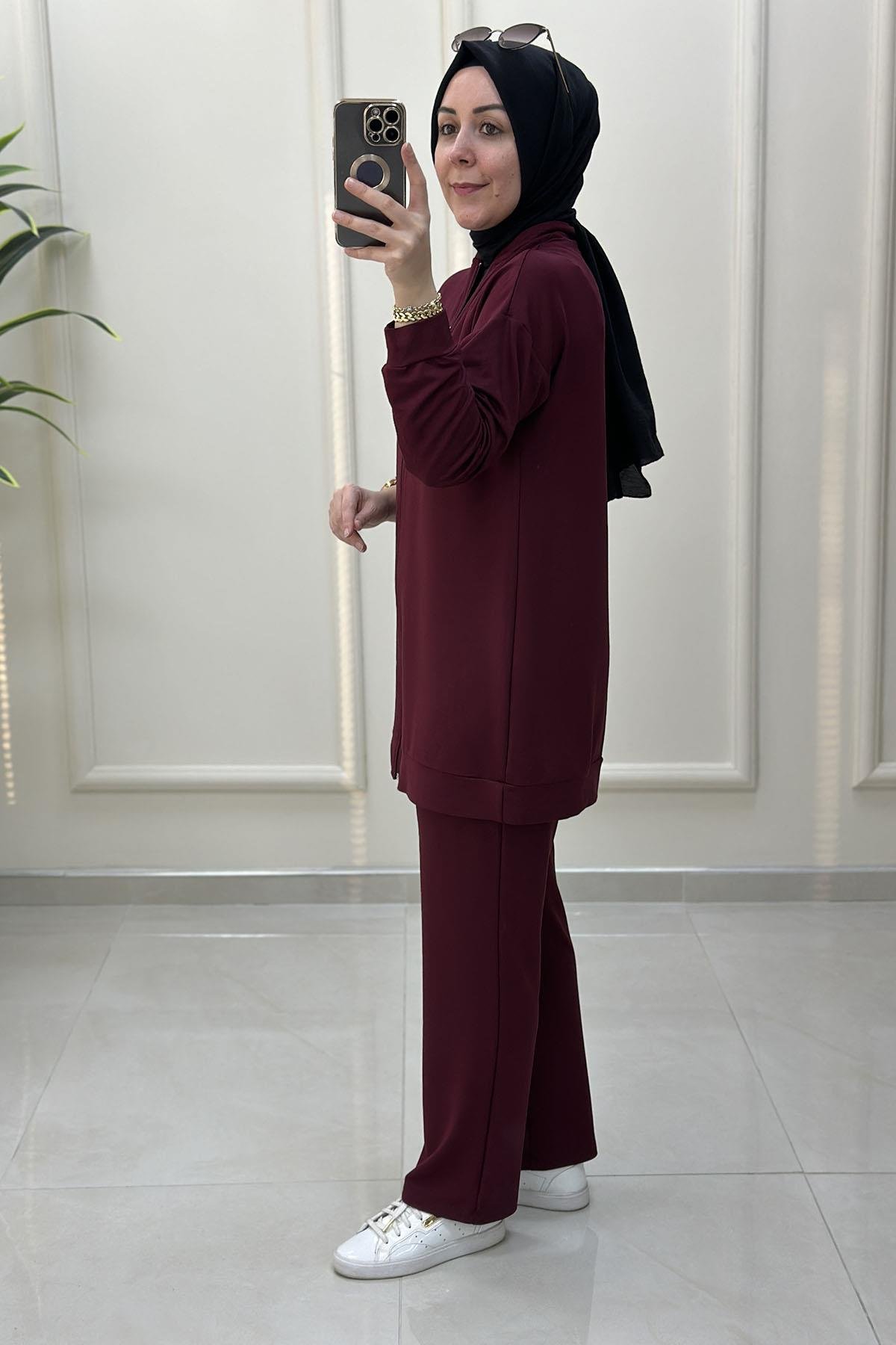 Tesettür Pantolonlu TakımDüşük Omuz Önü Fermuarlı Giyçık ve Pantolon Kadın İkili Takım Bordo KADO 257306