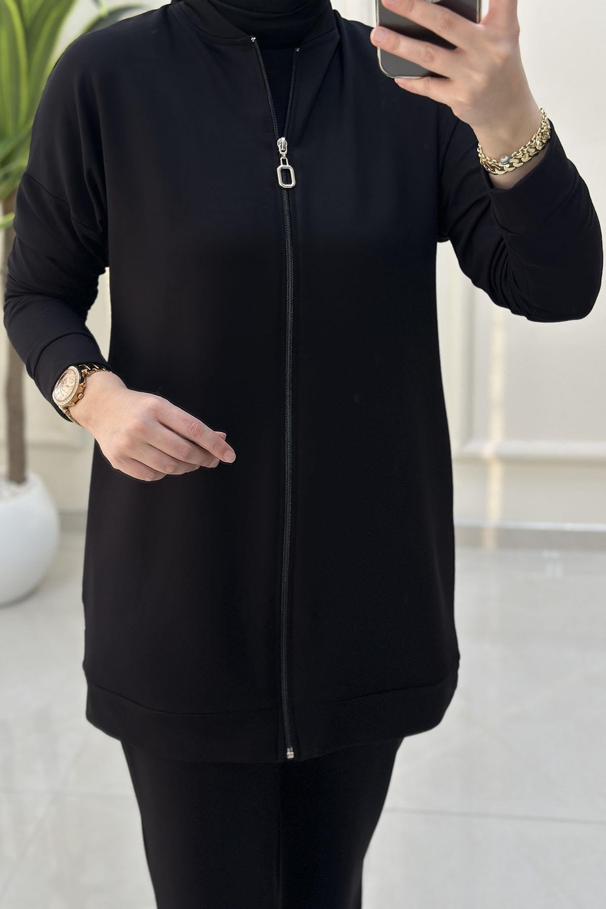 Tesettür Pantolonlu TakımDüşük Omuz Önü Fermuarlı Giyçık ve Pantolon Kadın İkili Takım Siyah KADO 257306