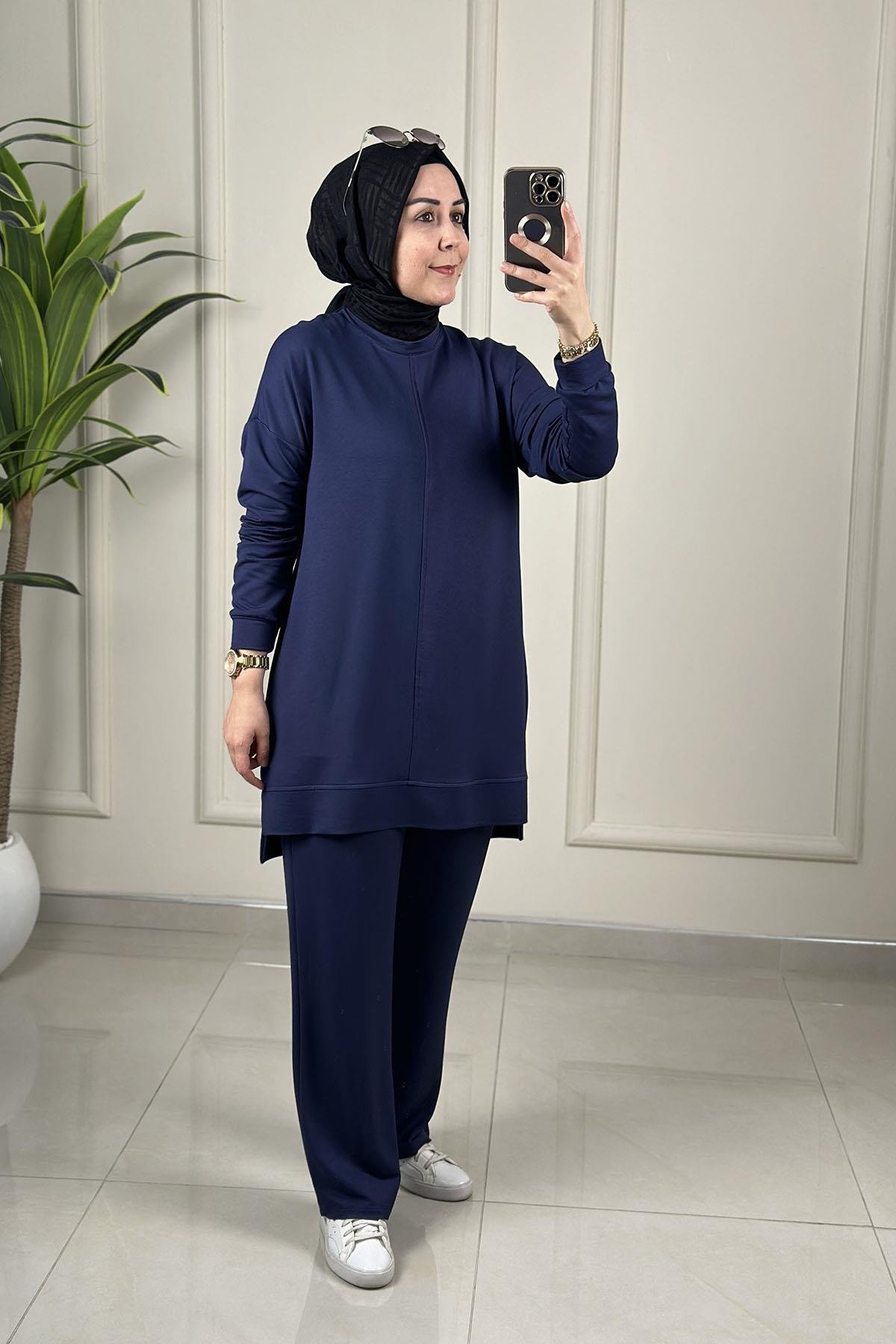 Tesettür Pantolonlu TakımDüşük Omuz Önü Dikiş Detaylı Tunik ve Pantolon Kadın İkili Takım Lacivert KADO 257316