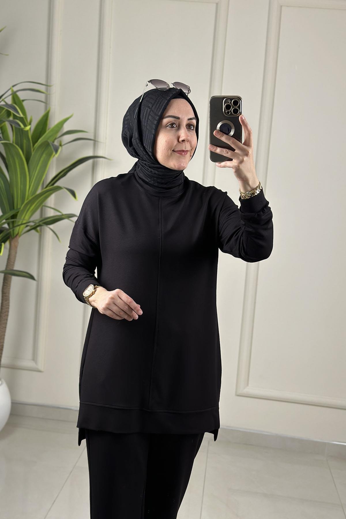 Tesettür Pantolonlu TakımDüşük Omuz Önü Dikiş Detaylı Tunik ve Pantolon Kadın İkili Takım Siyah KADO 257316