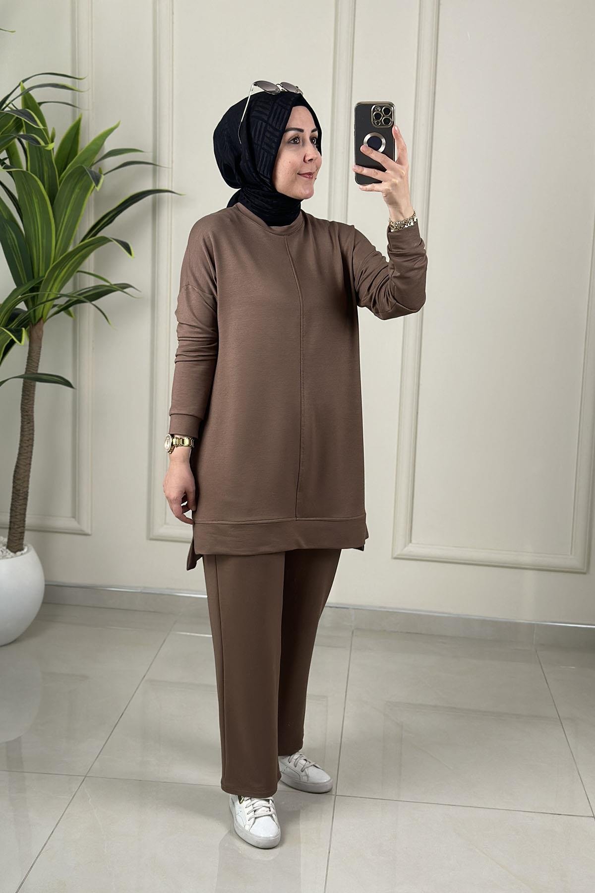 Tesettür Pantolonlu TakımDüşük Omuz Önü Dikiş Detaylı Tunik ve Pantolon Kadın İkili Takım Vizon KADO 257316