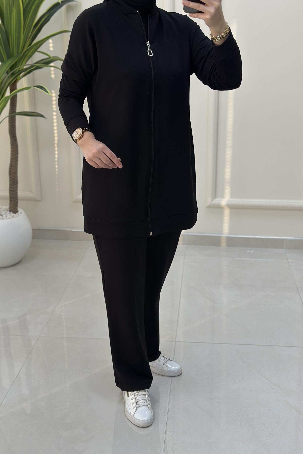 Tesettür Pantolonlu TakımDüşük Omuz Önü Fermuarlı Giyçık ve Pantolon Kadın İkili Takım Siyah KADO 257306