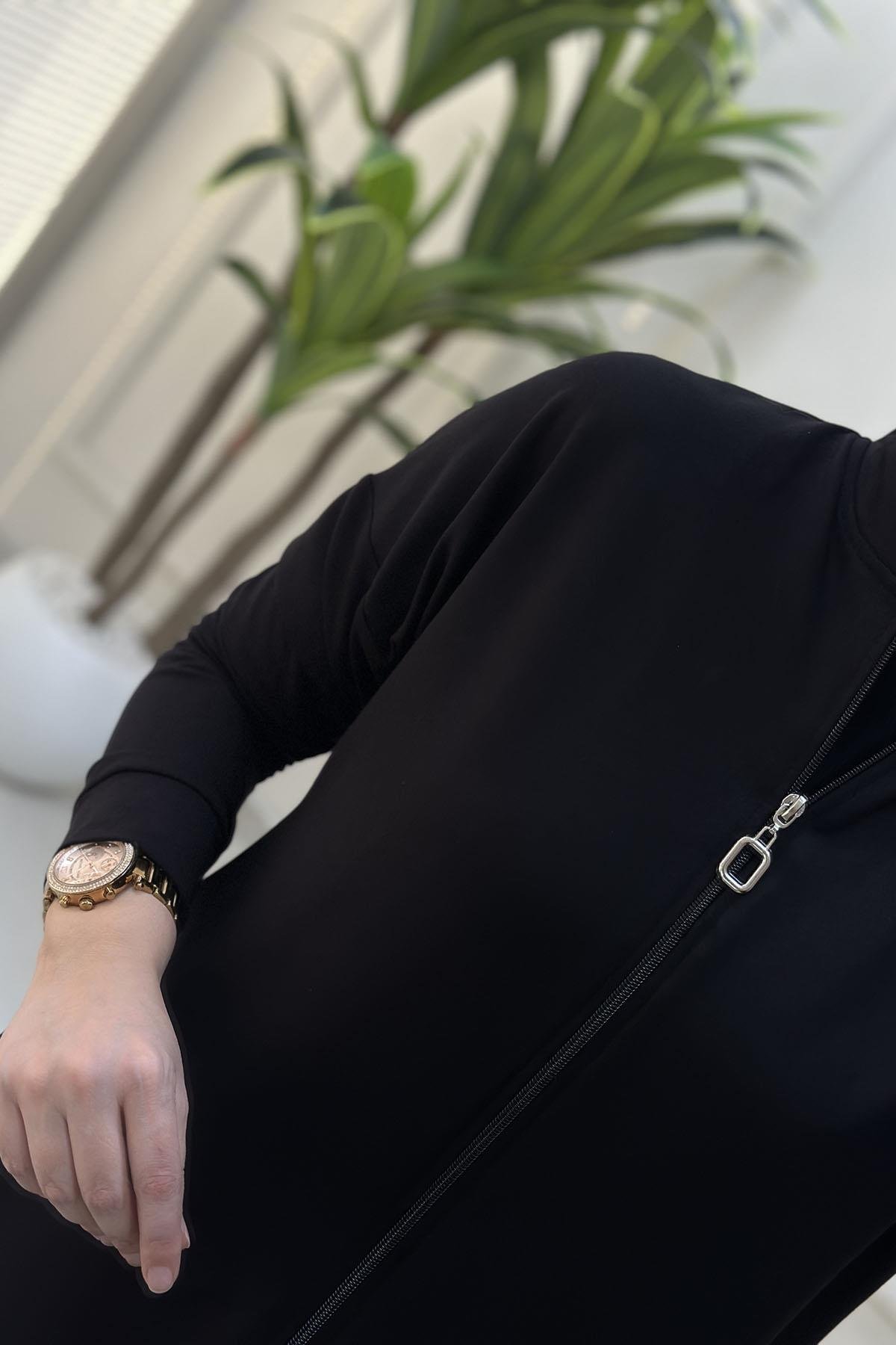 Tesettür Pantolonlu TakımDüşük Omuz Önü Fermuarlı Giyçık ve Pantolon Kadın İkili Takım Siyah KADO 257306