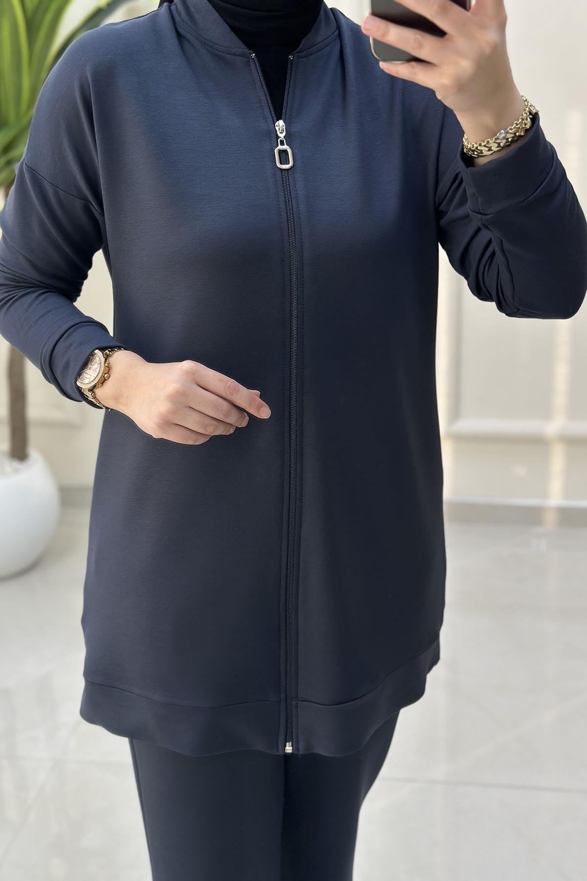 Tesettür Pantolonlu TakımDüşük Omuz Önü Fermuarlı Giyçık ve Pantolon Kadın İkili Takım Antrasit KADO 257306