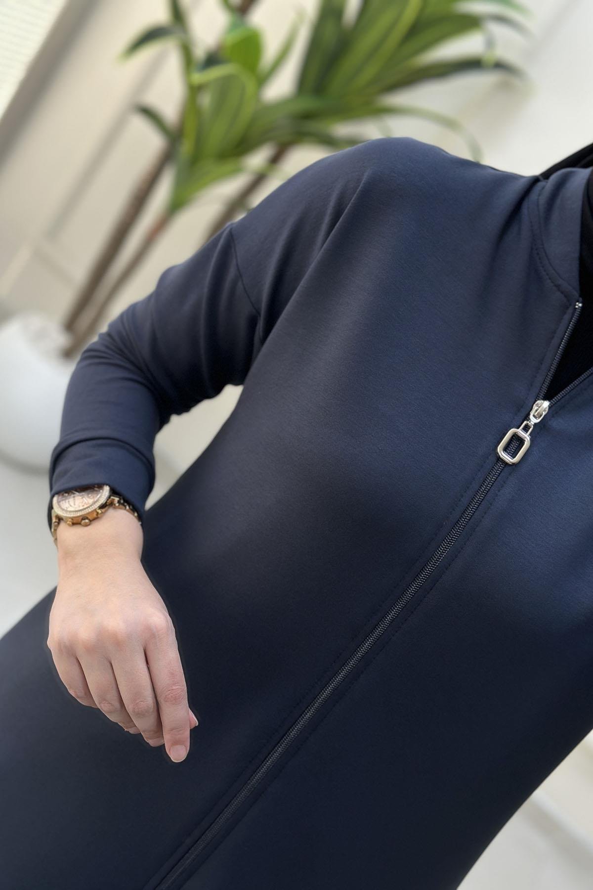 Tesettür Pantolonlu TakımDüşük Omuz Önü Fermuarlı Giyçık ve Pantolon Kadın İkili Takım Antrasit KADO 257306