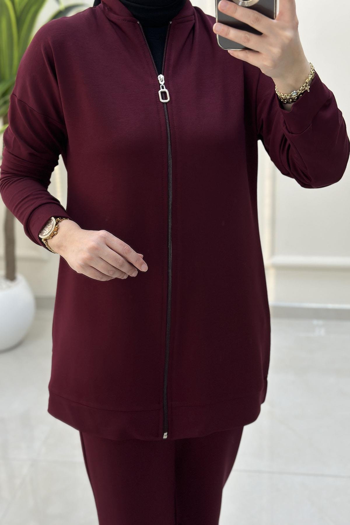 Tesettür Pantolonlu TakımDüşük Omuz Önü Fermuarlı Giyçık ve Pantolon Kadın İkili Takım Bordo KADO 257306