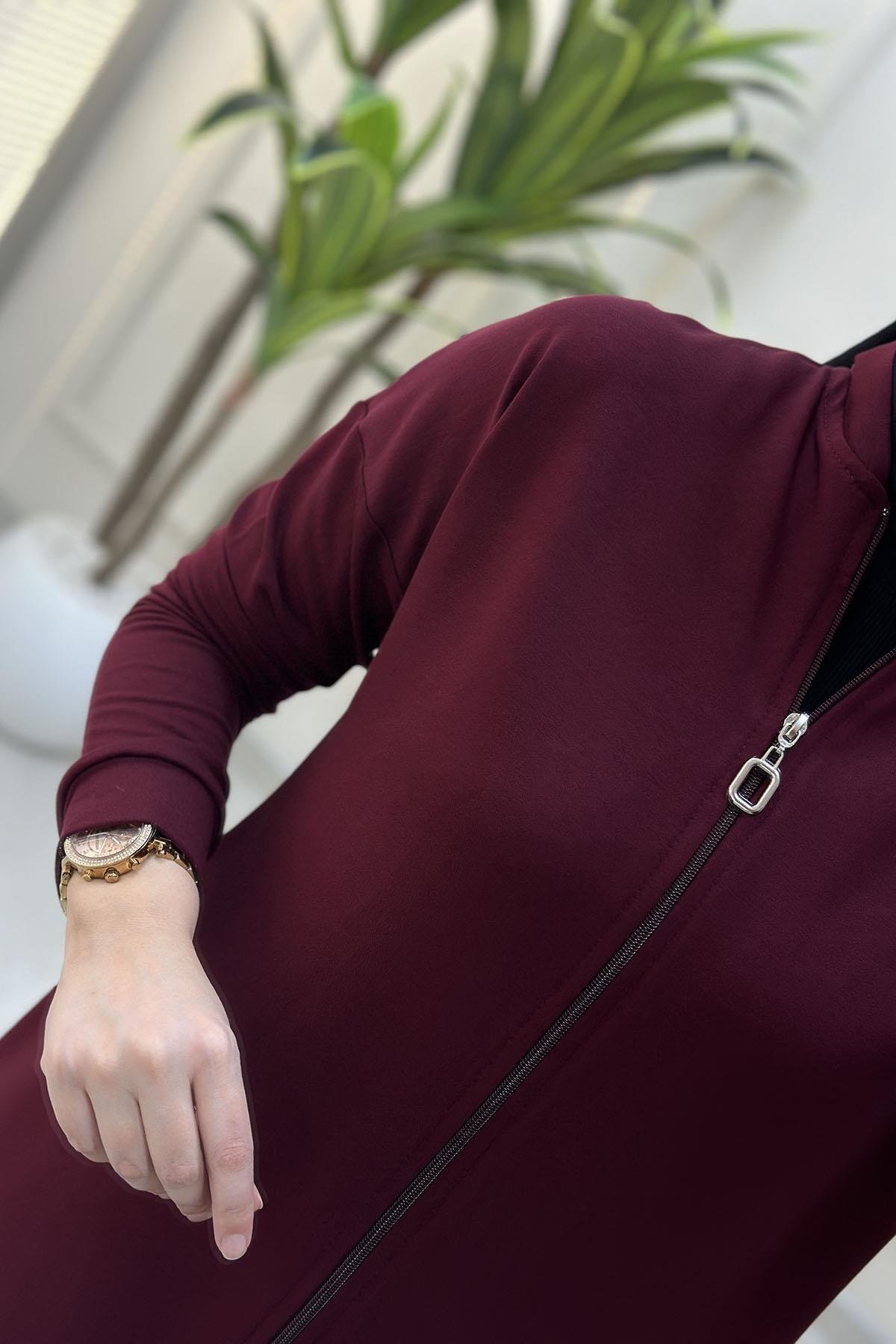 Tesettür Pantolonlu TakımDüşük Omuz Önü Fermuarlı Giyçık ve Pantolon Kadın İkili Takım Bordo KADO 257306