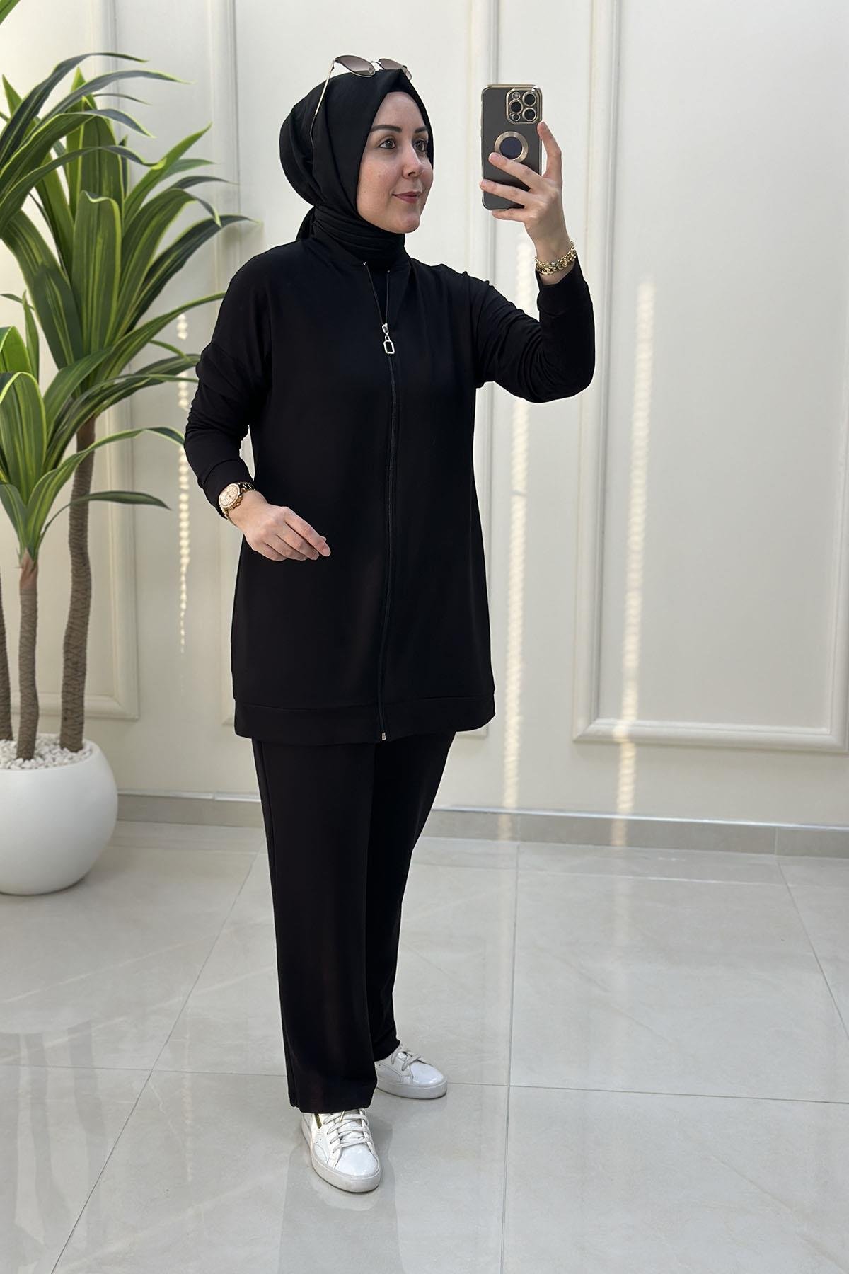 Tesettür Pantolonlu TakımDüşük Omuz Önü Fermuarlı Giyçık ve Pantolon Kadın İkili Takım Siyah KADO 257306