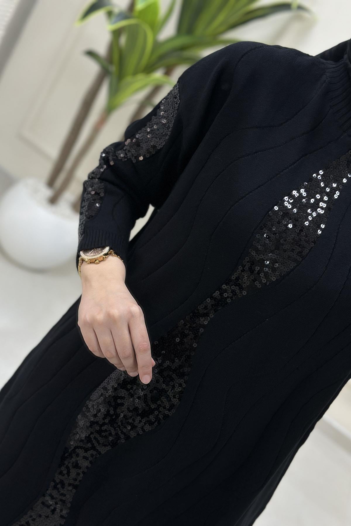 Tesettür Pantolonlu TakımDüşük Omuz Pulpayet Detaylı Tunik ve Pantolon Kadın Triko Takım Siyah SFF 5158