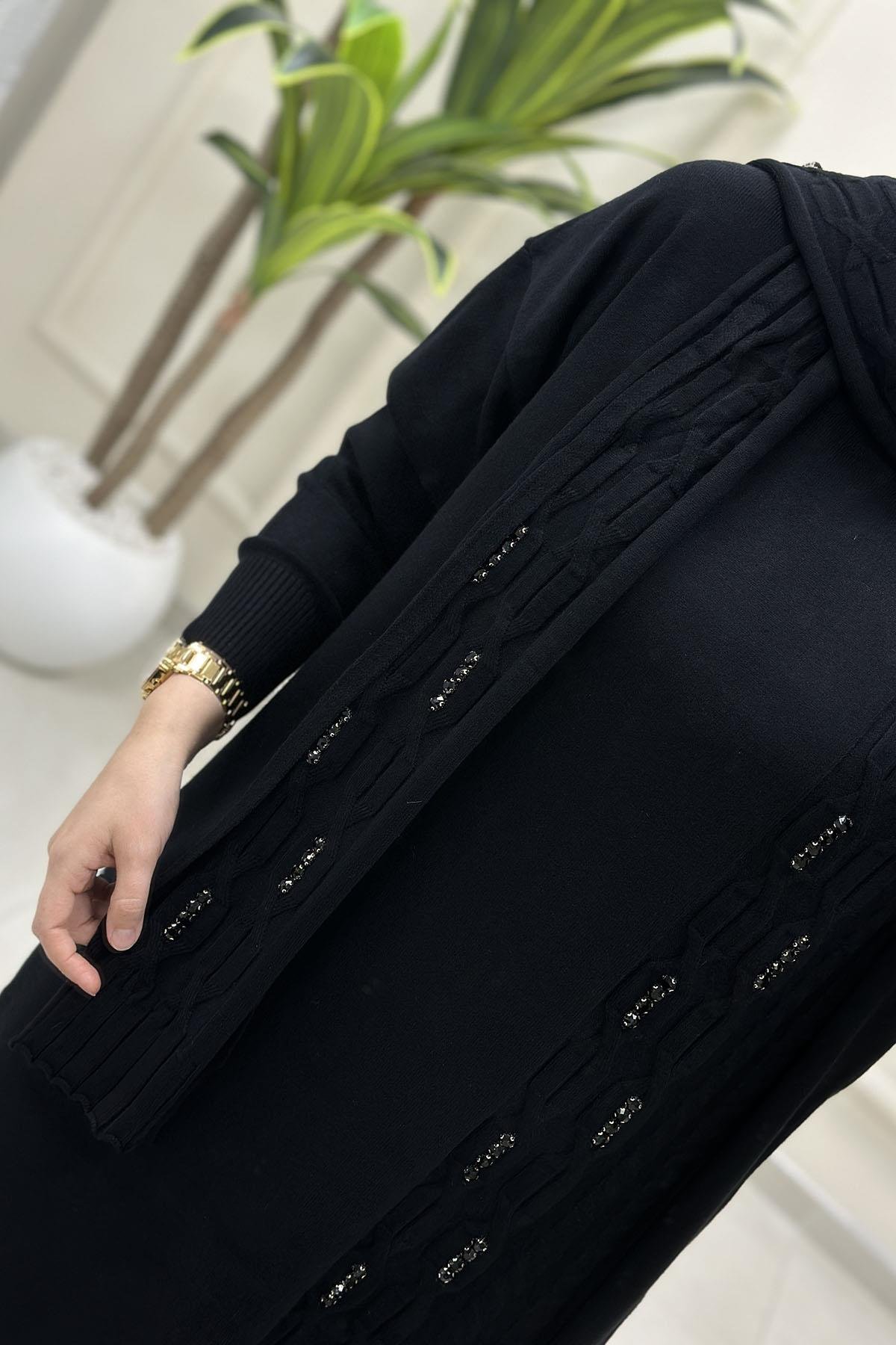 Tesettür Pantolonlu TakımDüşük Omuz Taş Detaylı Şal Atkılı Tunik ve Pantolon Kadın İkili Takım Siyah SFF 5134