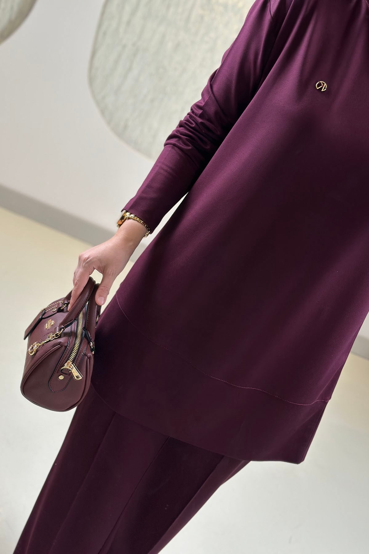 Tesettür Pantolonlu TakımDüşük Omuz Tunik ve Çimalı Pantolon Kadın İkili Takım Bordo KADO 263702
