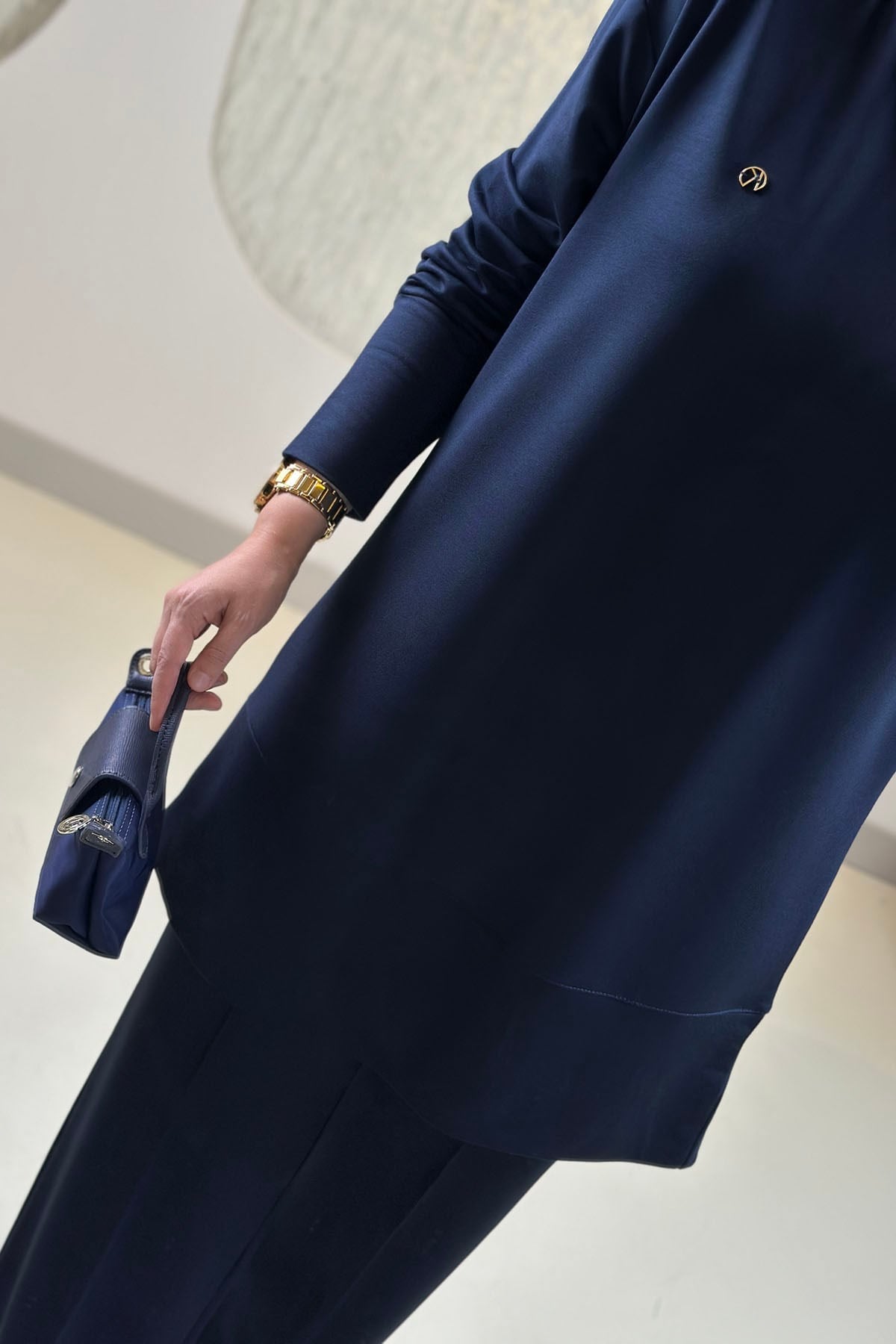 Tesettür Pantolonlu TakımDüşük Omuz Tunik ve Çimalı Pantolon Kadın İkili Takım Lacivert KADO 263702