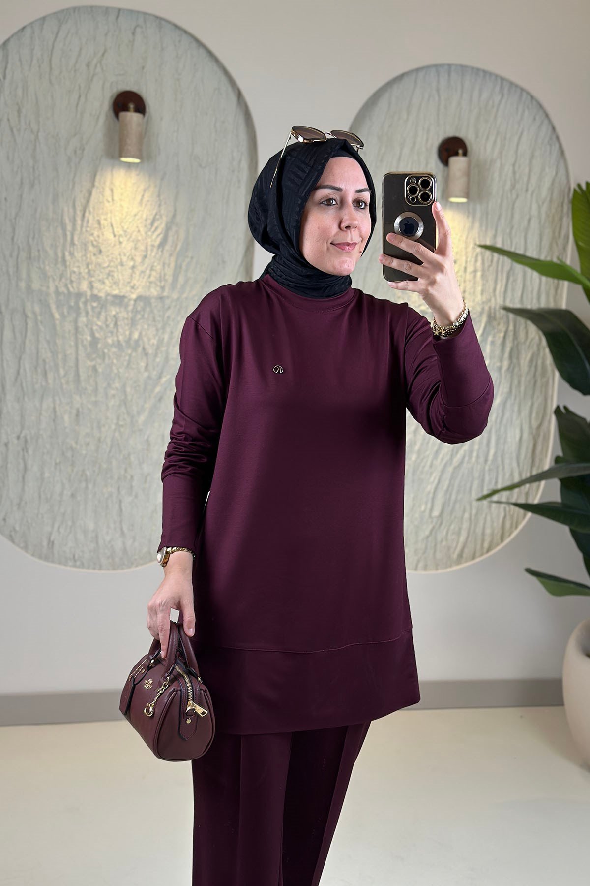 Tesettür Pantolonlu TakımDüşük Omuz Tunik ve Çimalı Pantolon Kadın İkili Takım Bordo KADO 263702
