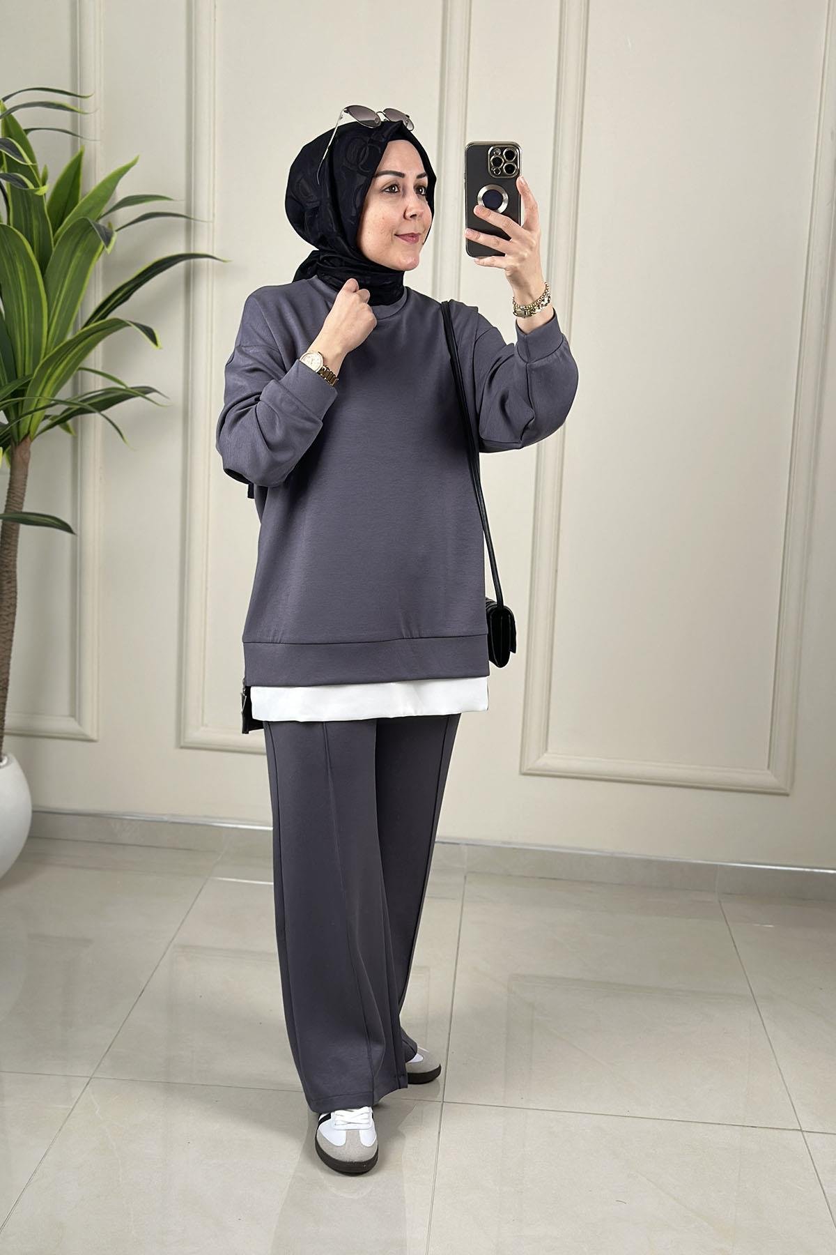 Tesettür Pantolonlu TakımDüşük Omuz Yan Fermuar Detaylı Tunik ve Pantolon Kadın İkili Takım Antrasit MİX 2642