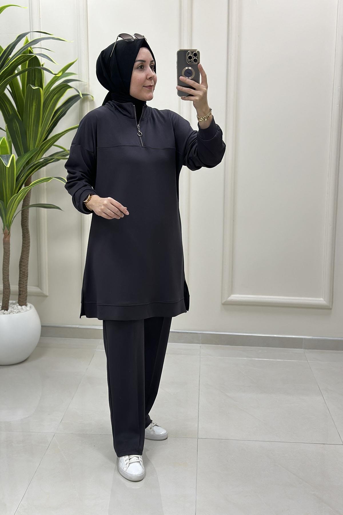 Tesettür Pantolonlu TakımDüşük Omuz Yaka Fermuarlı Tunik ve Pantolon Kadın İkili Takım Antrasit MP 522