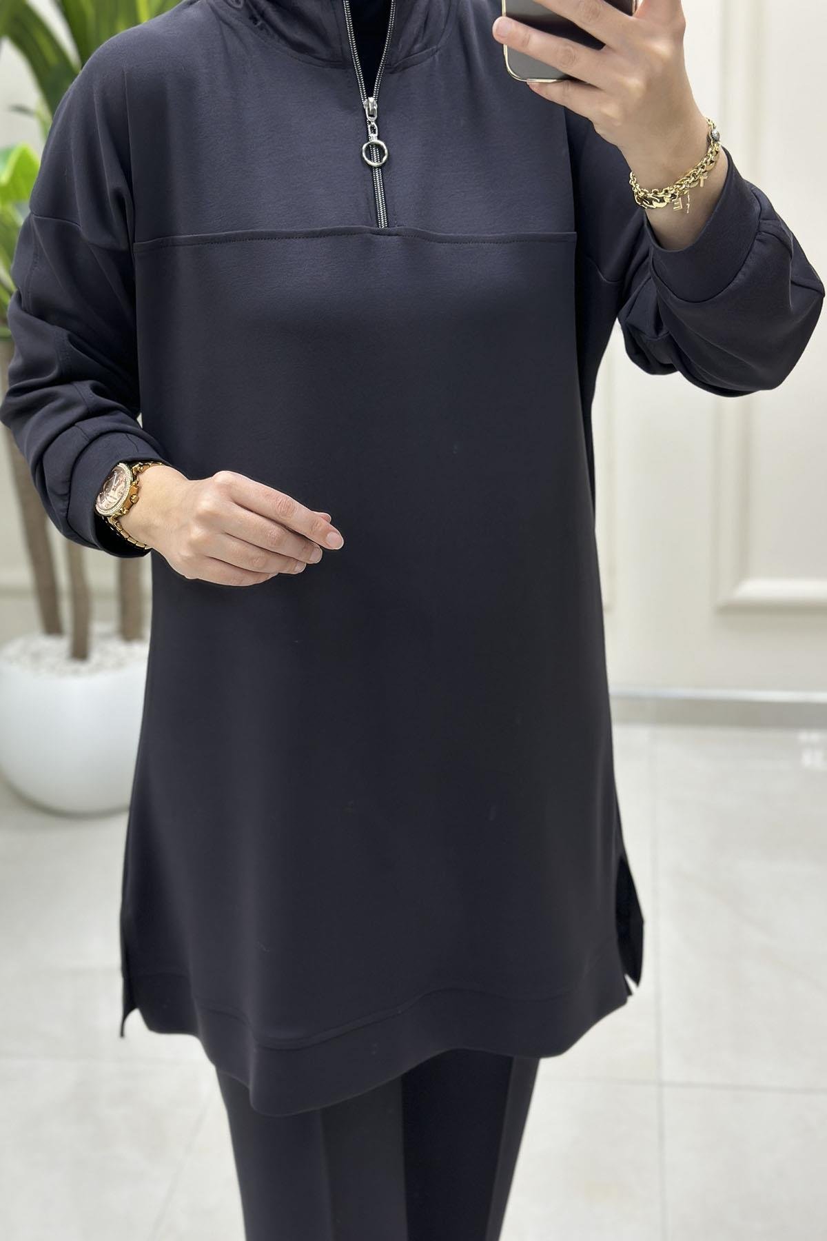 Tesettür Pantolonlu TakımDüşük Omuz Yaka Fermuarlı Tunik ve Pantolon Kadın İkili Takım Antrasit MP 522