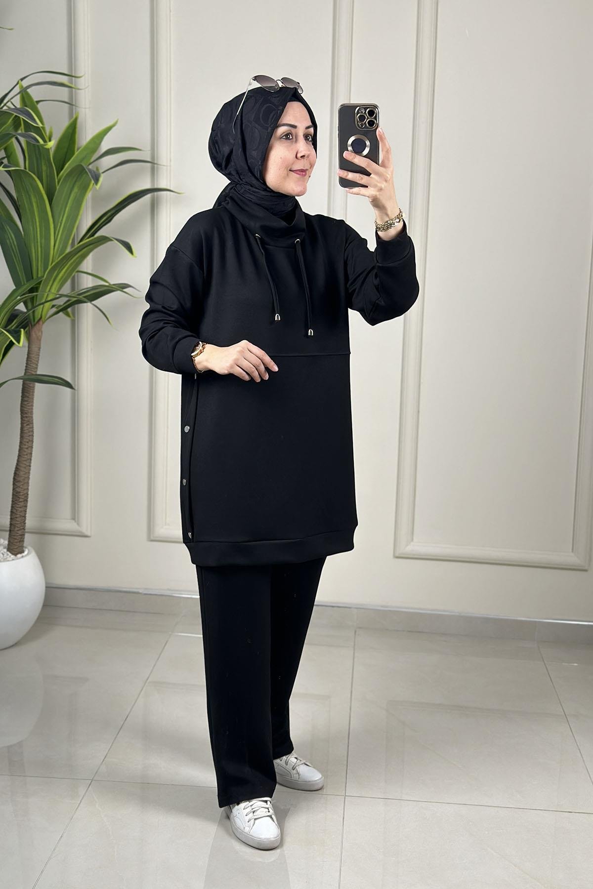 Tesettür Pantolonlu TakımDüşük Omuz Yanı Zımba Detaylı Tunik ve Pantolon Kadın İkili Takım Siyah GNR 227
